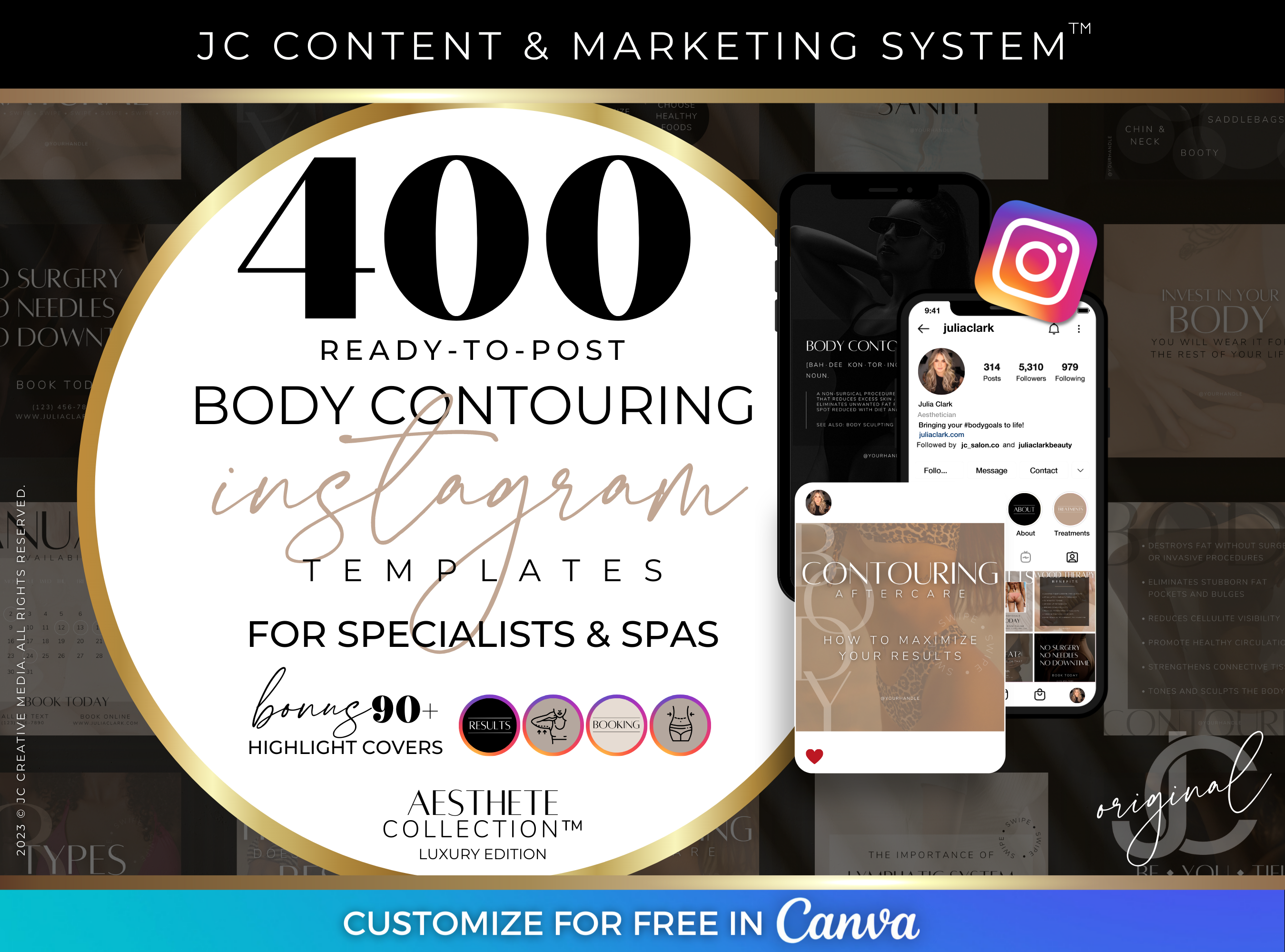 400 Instagram Canva Templates for Body Contouring and Body Sculpting (Great for Spa Social Media Marketing) Luxury Black and Beige Branding Kit