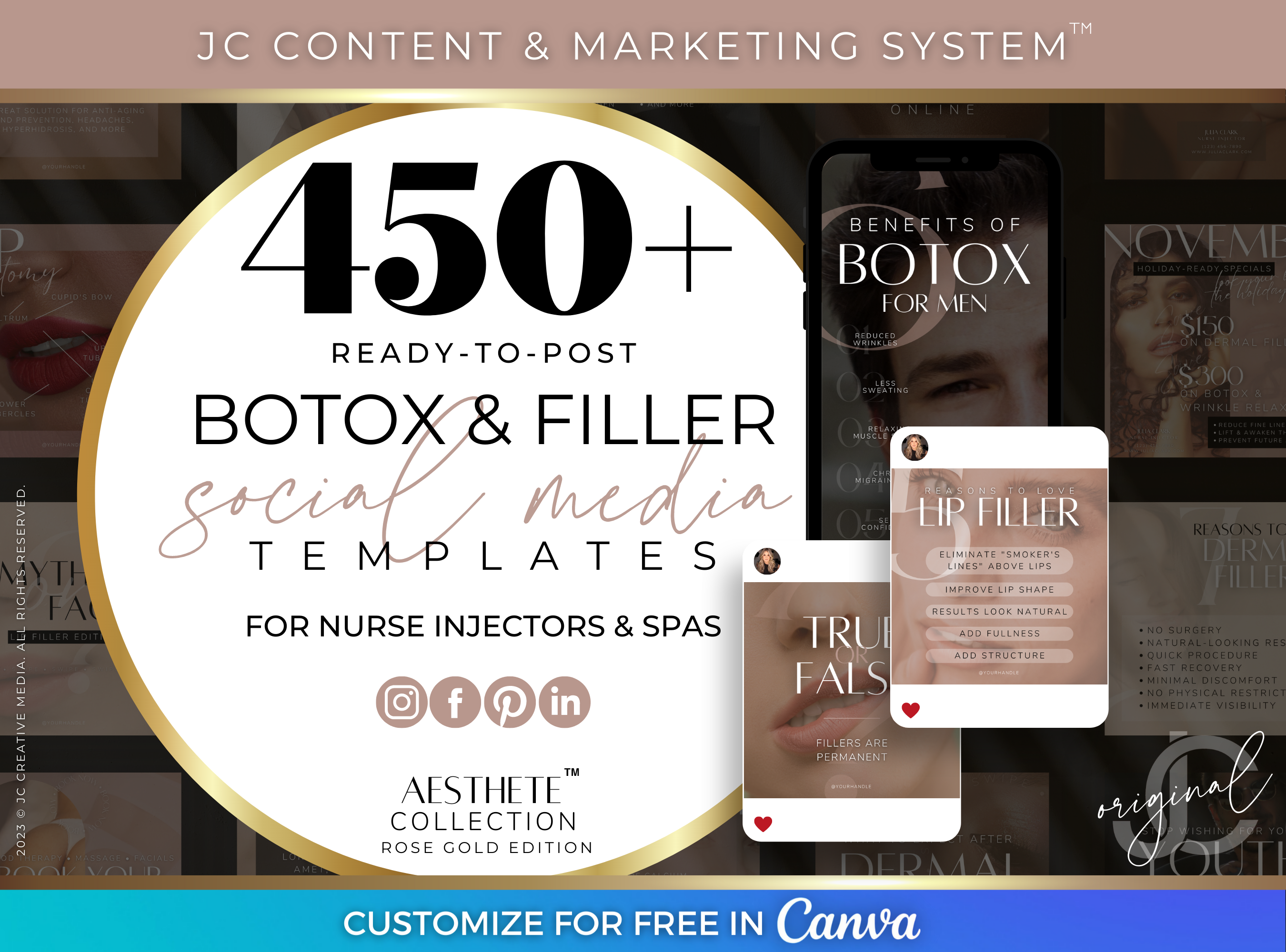 Nurse Injector Canva Templates for Botox and Filler Marketing (Rose Gold and Black Branding Kit)