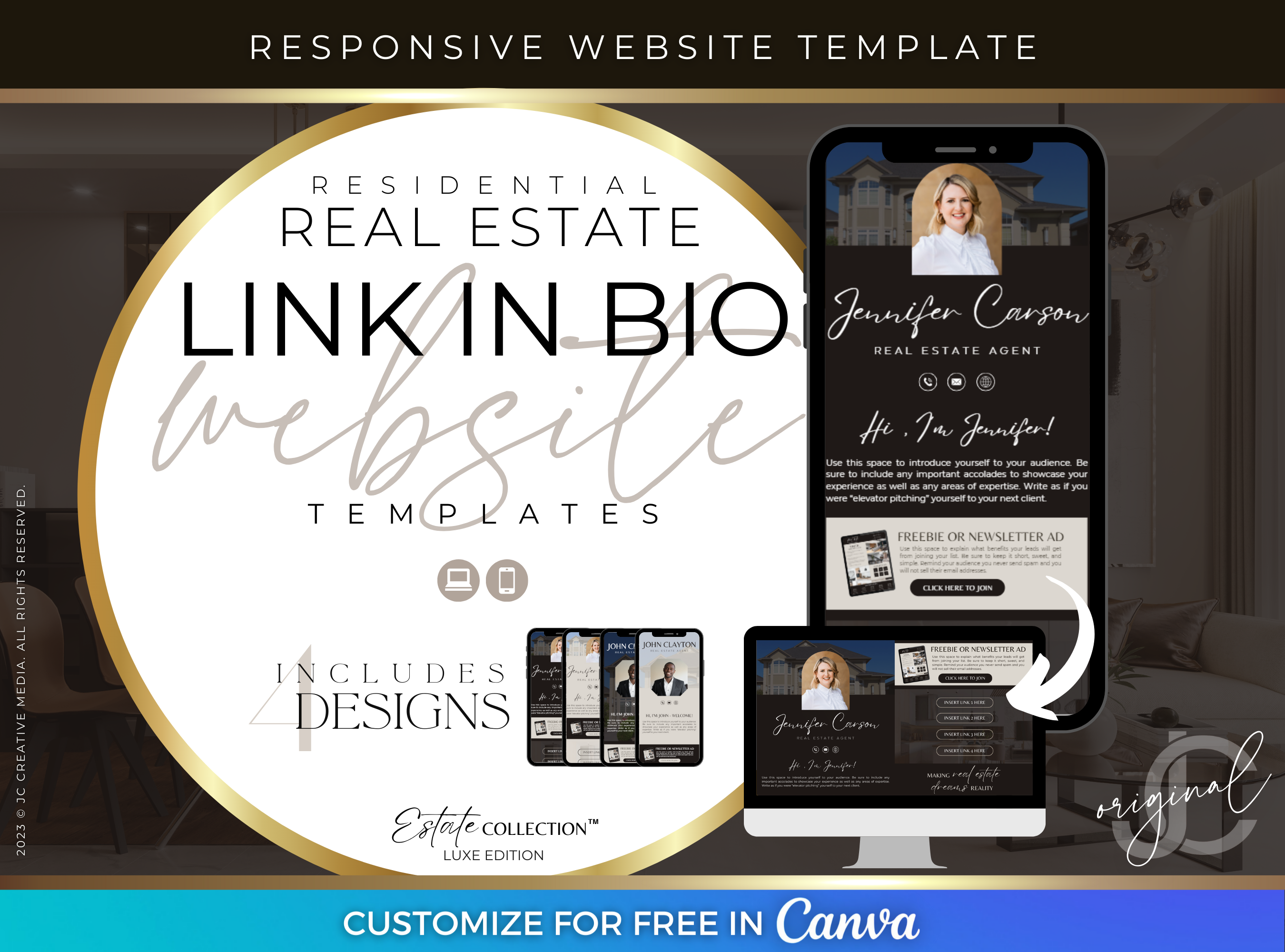 realtor link in bio canva website template (luxury bronze black brown and tan branding)