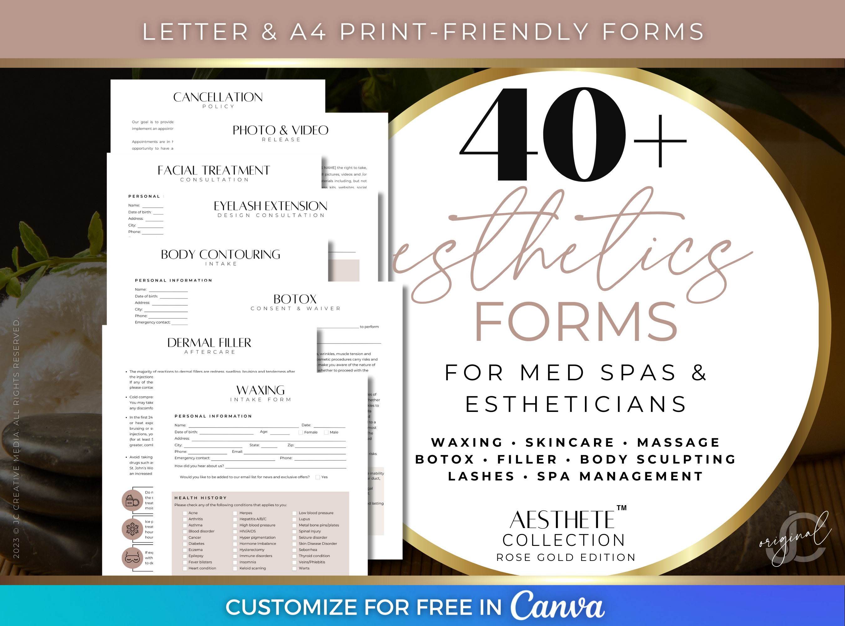 Consent waiver, intake form, and med spa form canva templates for spas and estheticians (dusty pink, rose gold, black luxury branding)
