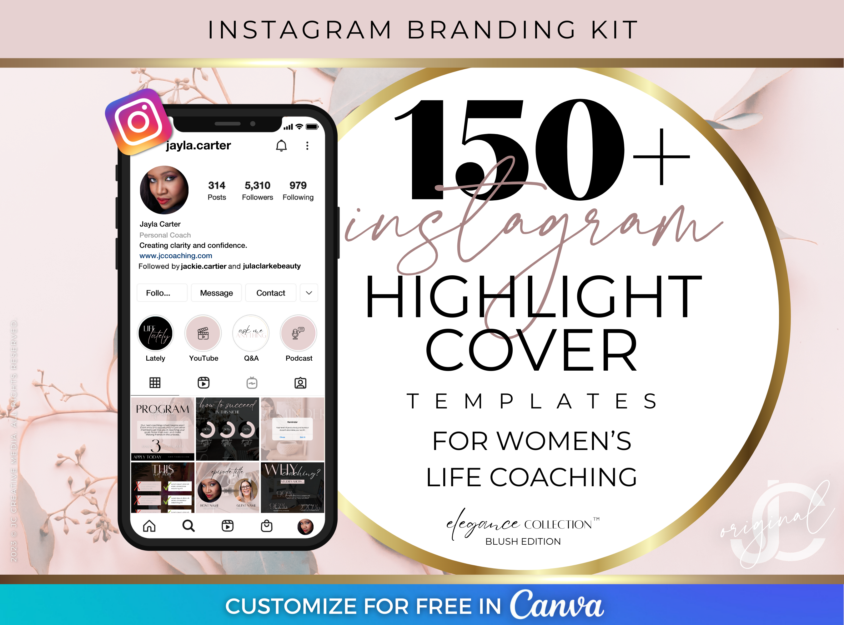 Pink Instagram Highlight Cover Canva Templates for Womens Life Coaches (Black and Pink Feminine Luxury Branding)