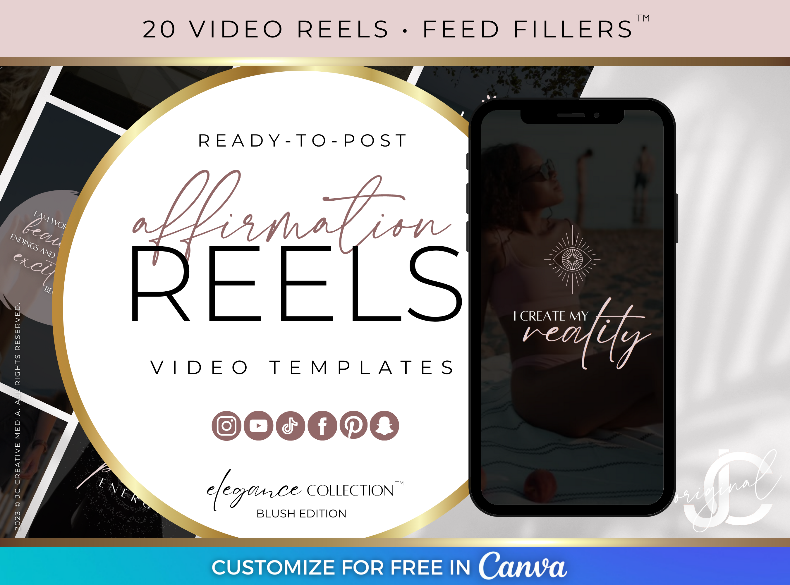 20 Positive Affirmations for Manifestation, Ready-to-Post Reels Video Templates (Black and Blush Pink Women's Branding)