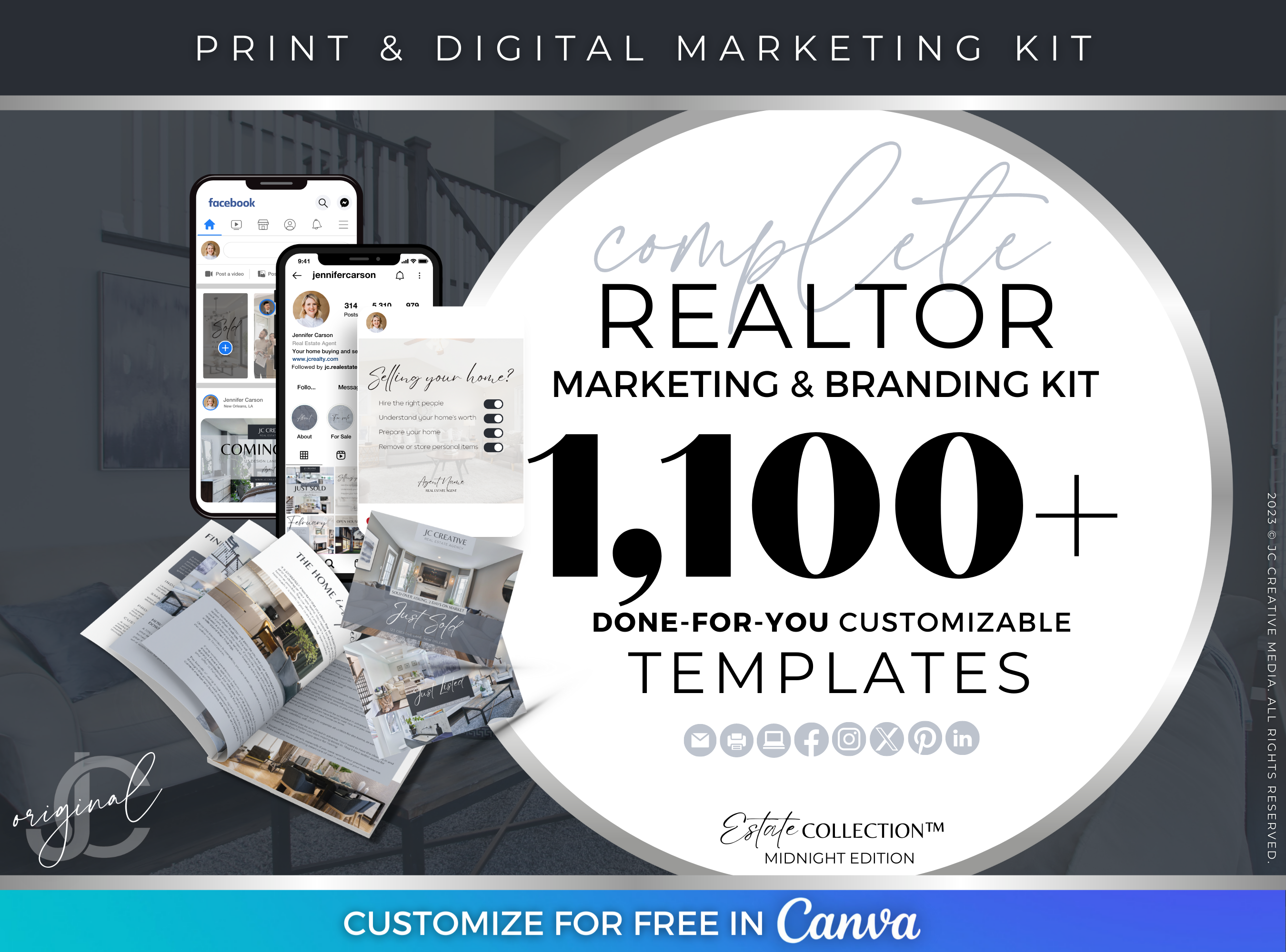 Realtor branding and real estate marketing Canva templates in midnight gray/blue