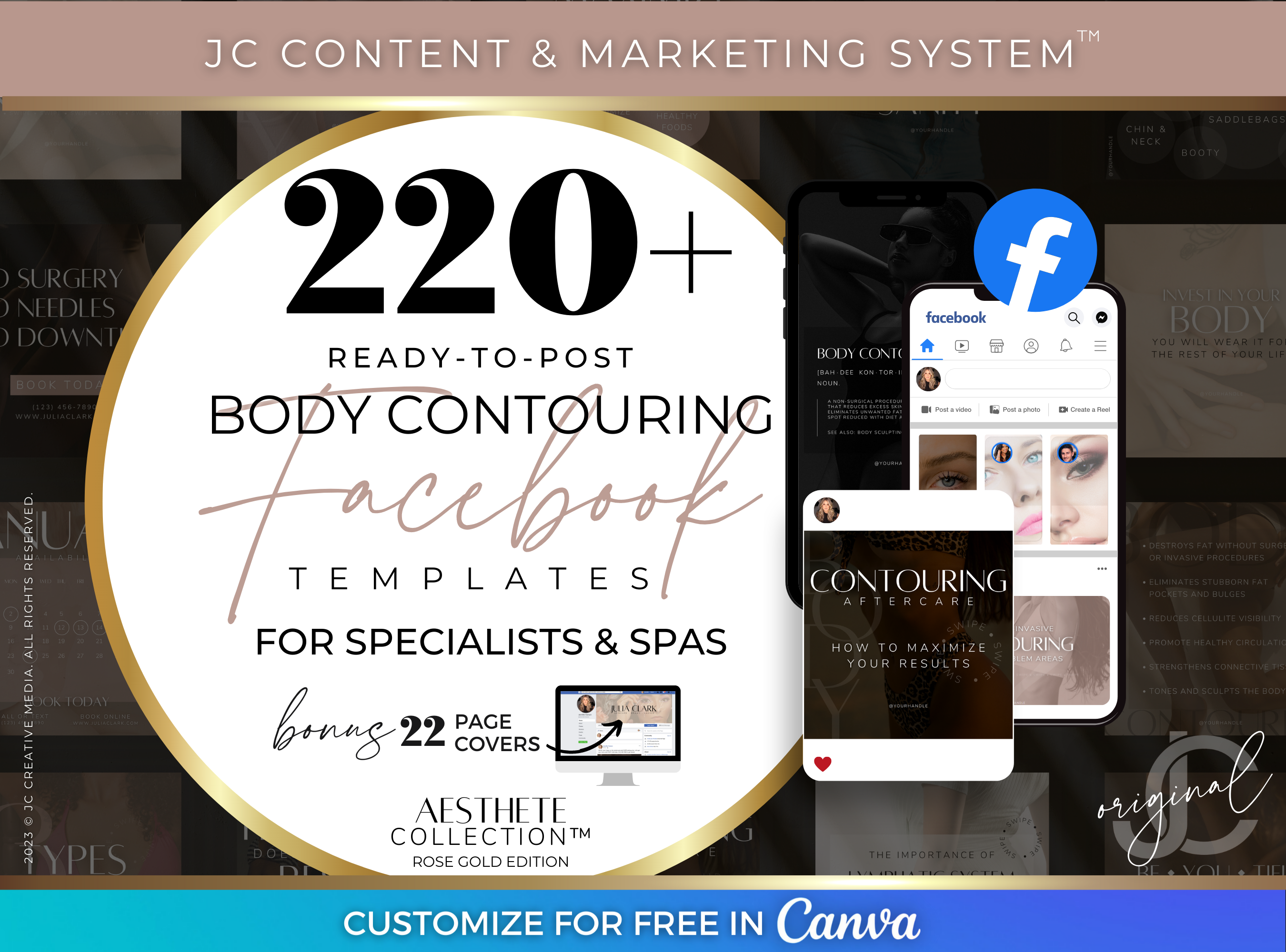 Rose Gold Body Contouring Canva Templates for Facebook: Feed Posts, Story Posts, Facebook Page Covers, etc.