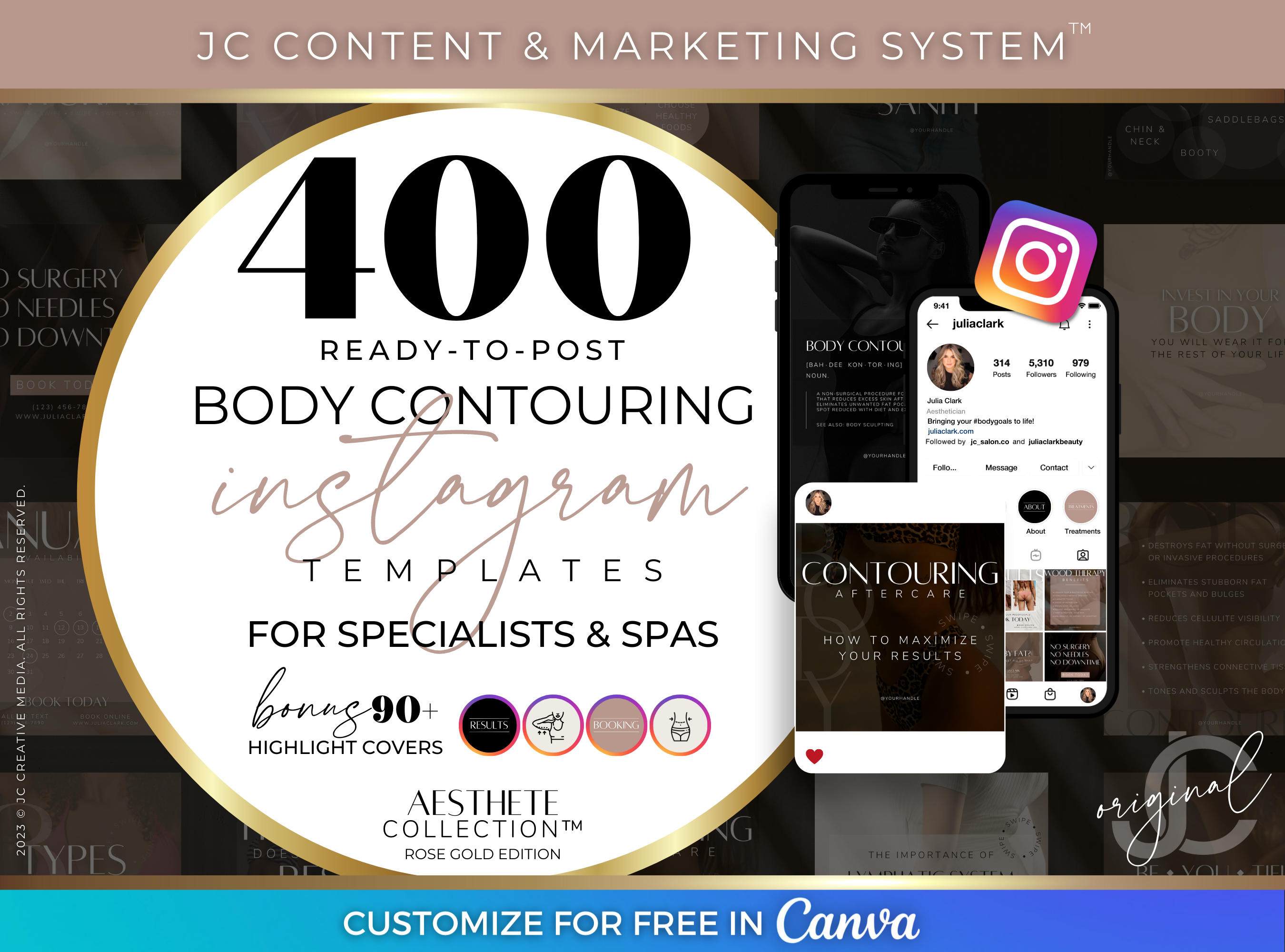 400 Body Contouring Instagram Posts for Spa and Body Sculpting Marketing (Canva Templates) Luxury Rose Gold and Black Branding Kit