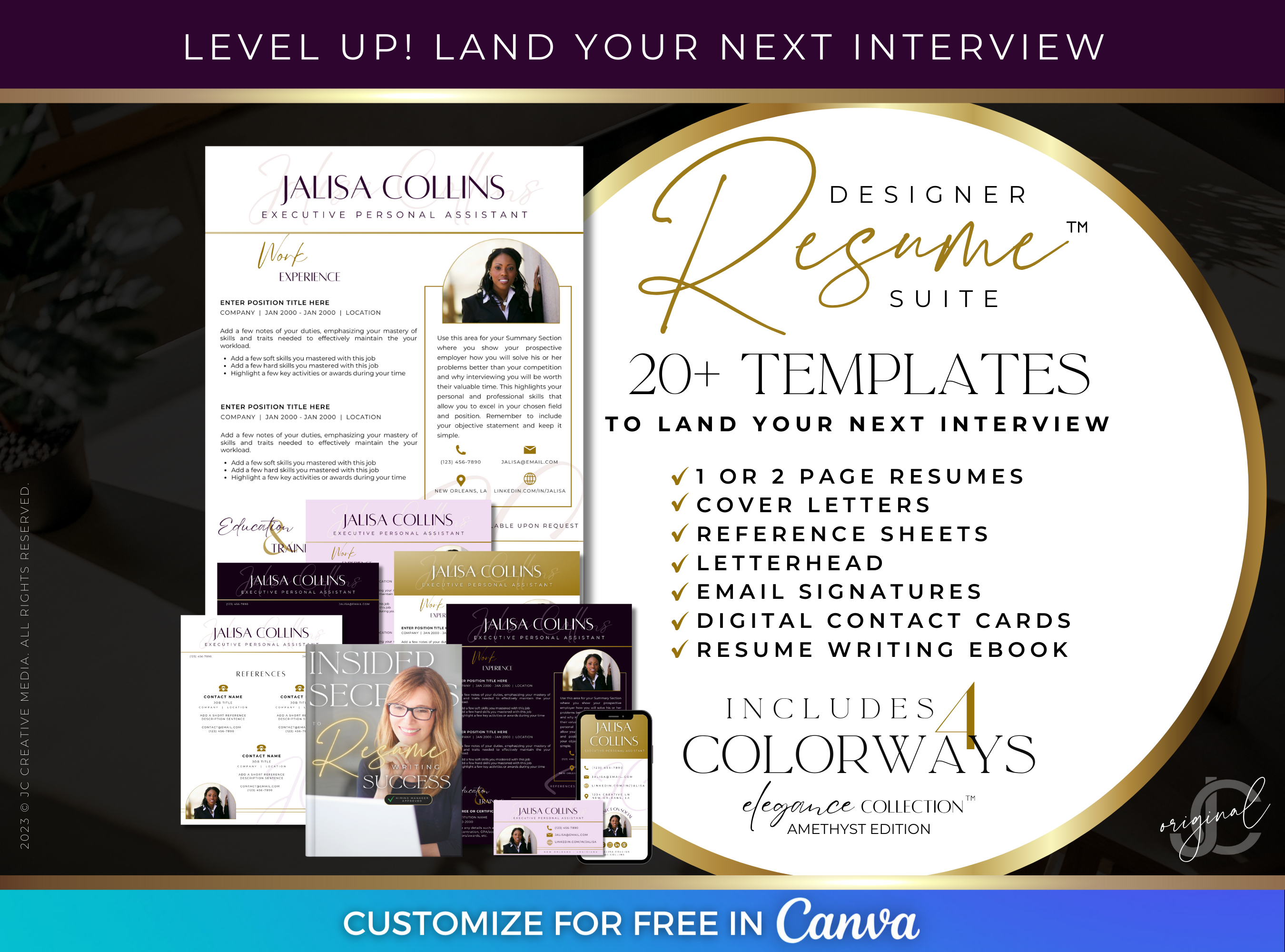 Luxury Purple & Gold Resume Canva Templates with Photo for Women