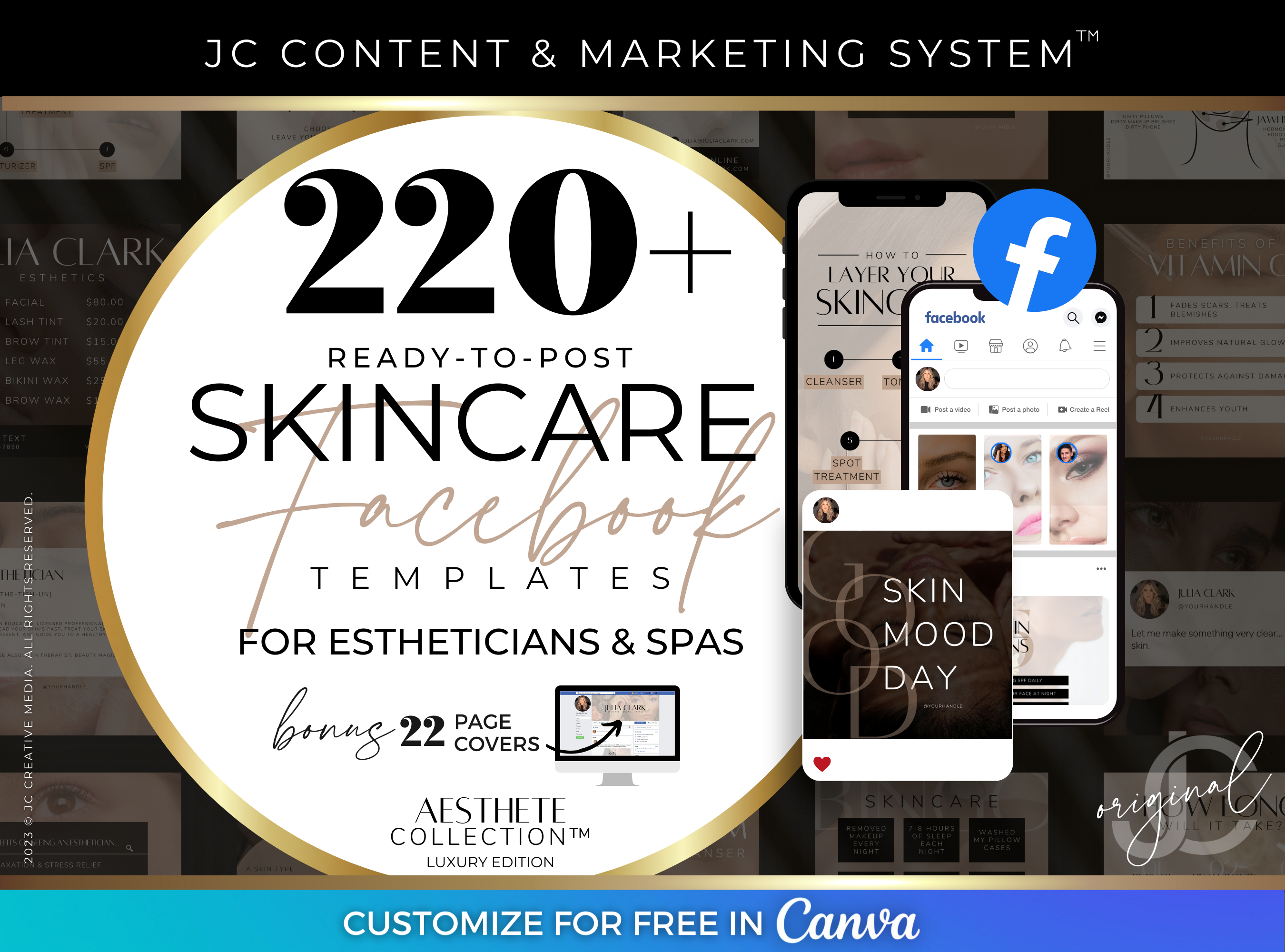 Facebook Skincare Marketing Templates for Spas and Estheticians (Luxury Black Branding)