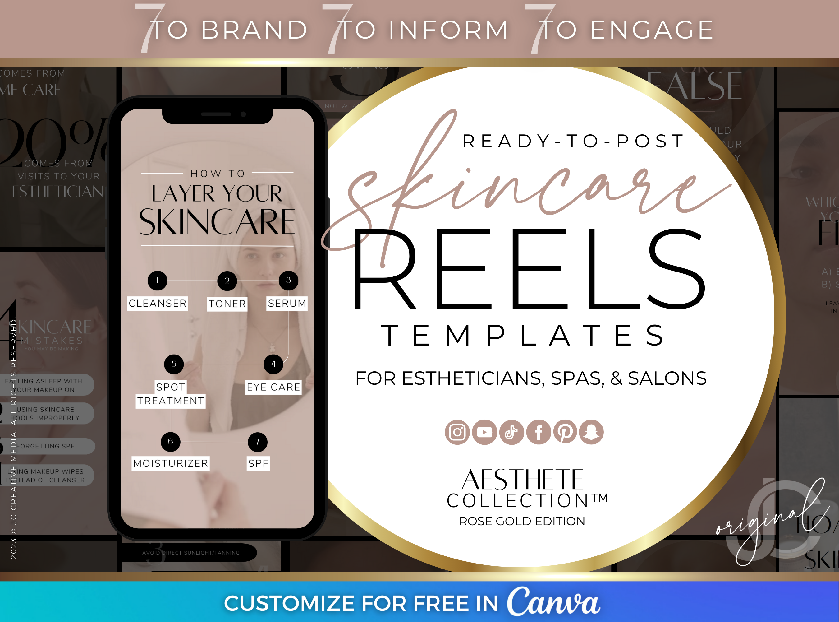 Esthetician and Spa Marketing Skincare Reels Videos (Canva Templates) Rose Gold/Pink