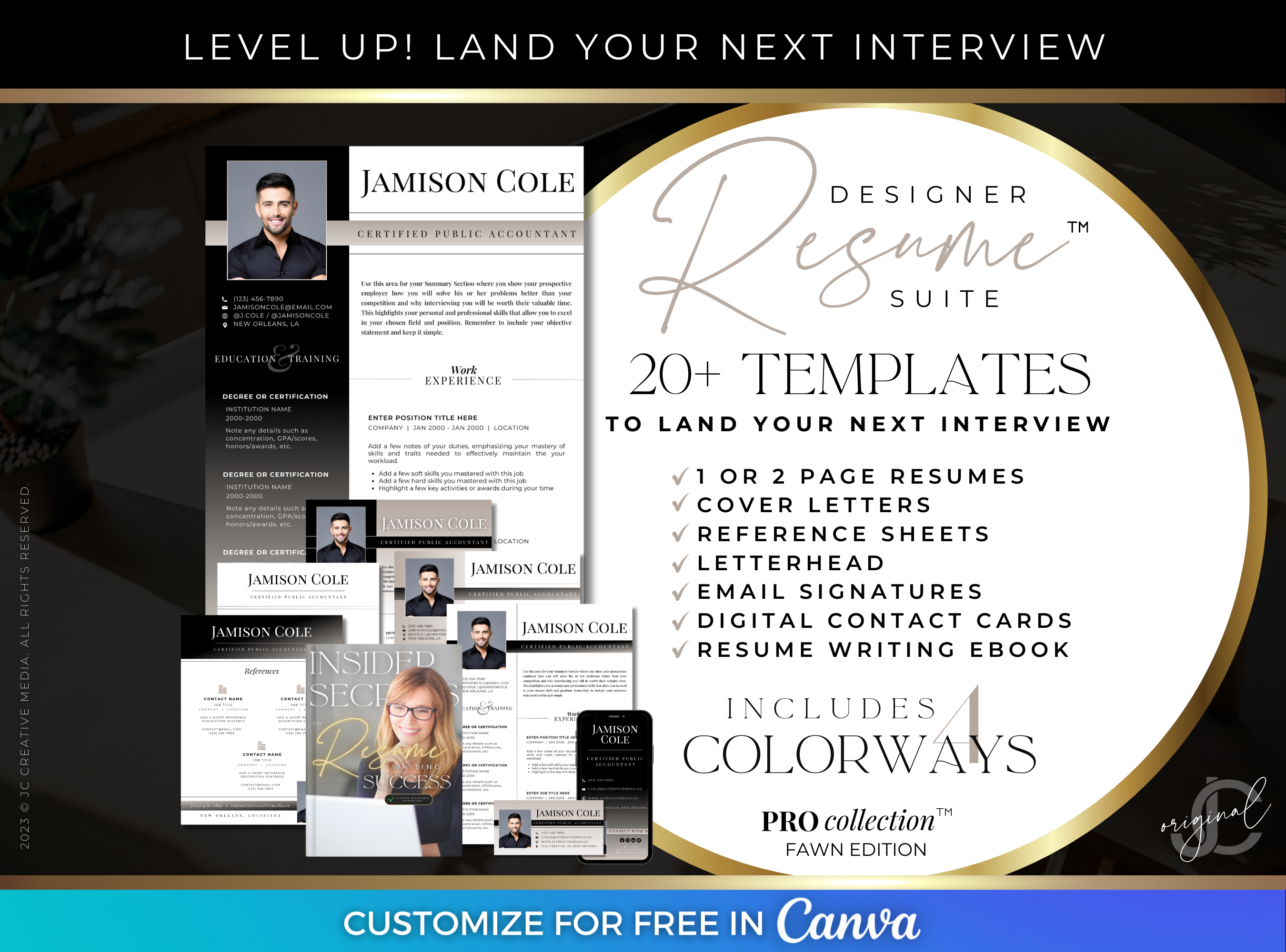 Professional Canva Resume Template with Photo for Men or Women (Executive Black & Beige Personal Brand)