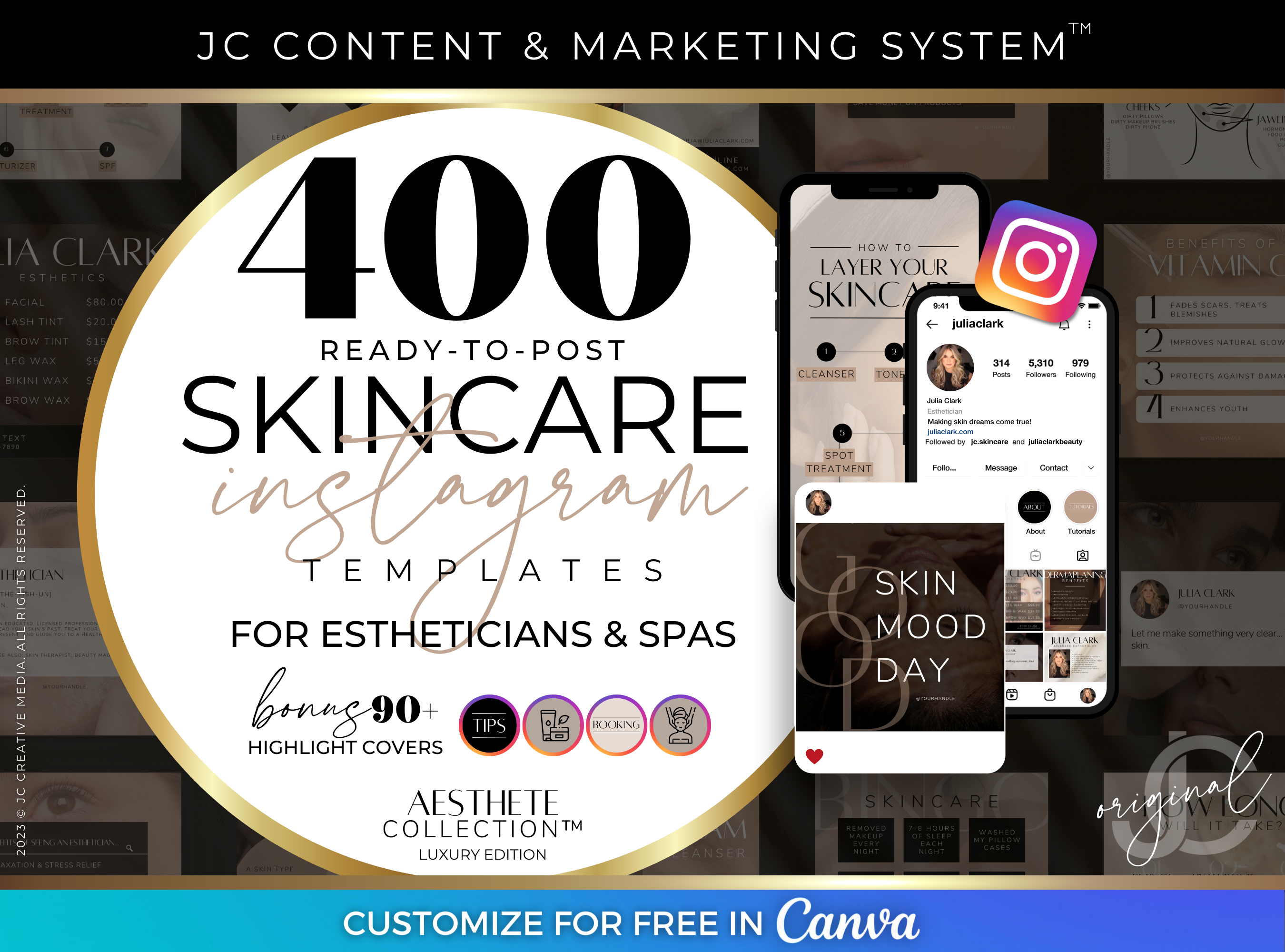 400 Skincare Templates for Estheticians and Spas (Luxury Black Branding Kit)