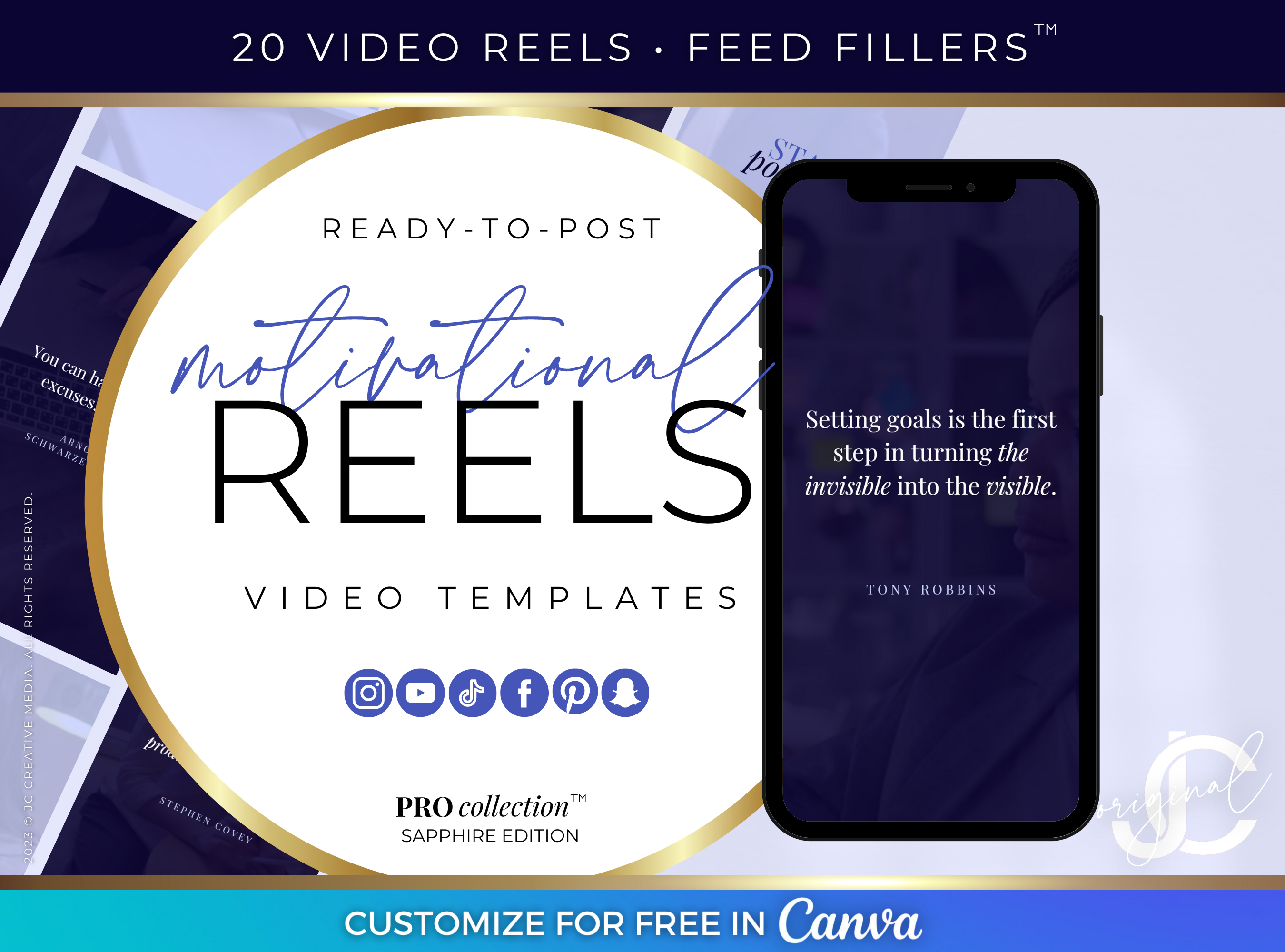 20 Motivational Quotes for Instagram Reels, Facebook Reels, Pinterest Idea Pins, YouTube Shorts, and more! (Blue/Indigo Executive Branding)