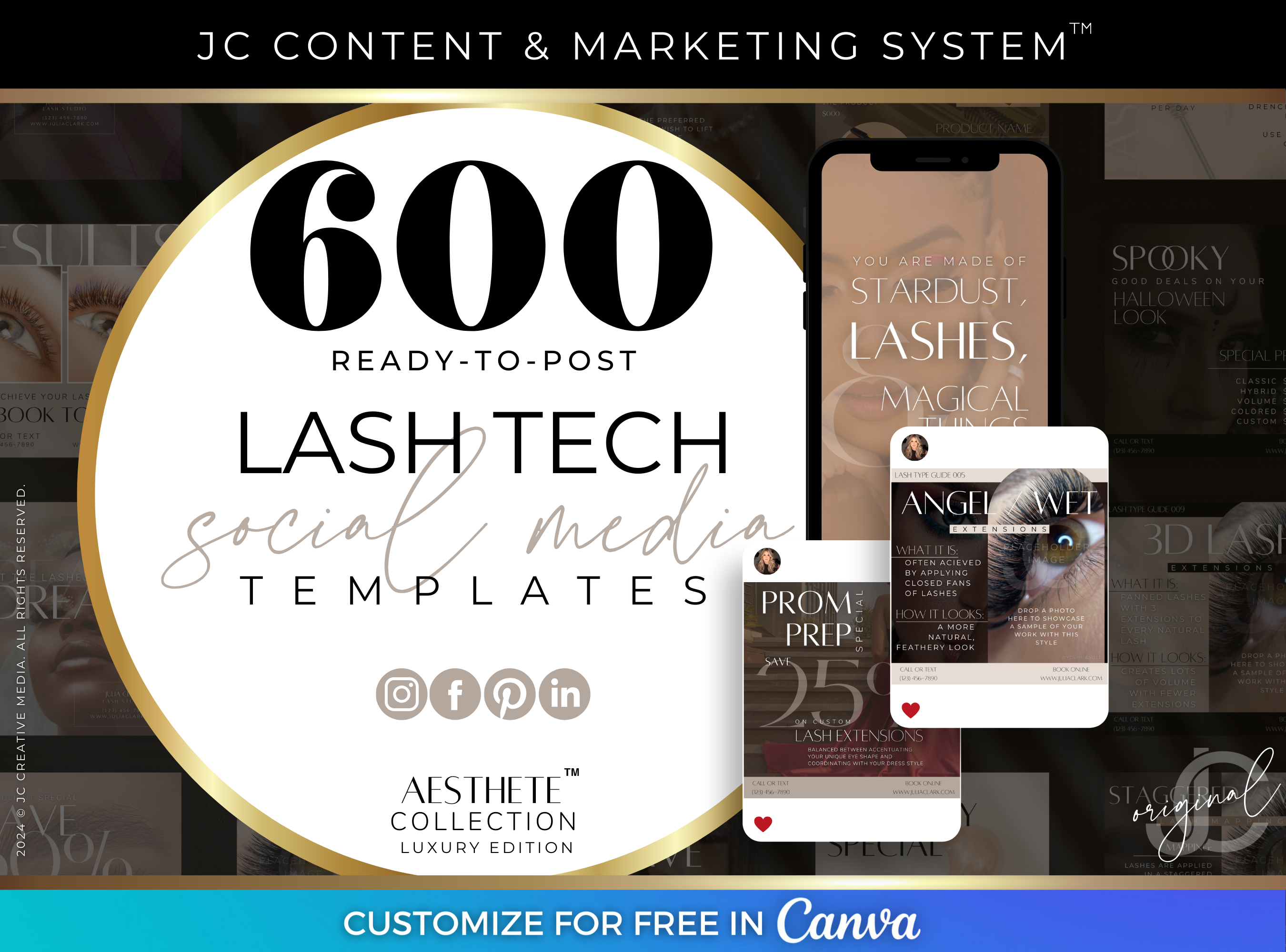 lash extension and lash lift/tint canva marketing templates for lash artists and lash techs (luxury black and beige brand design)