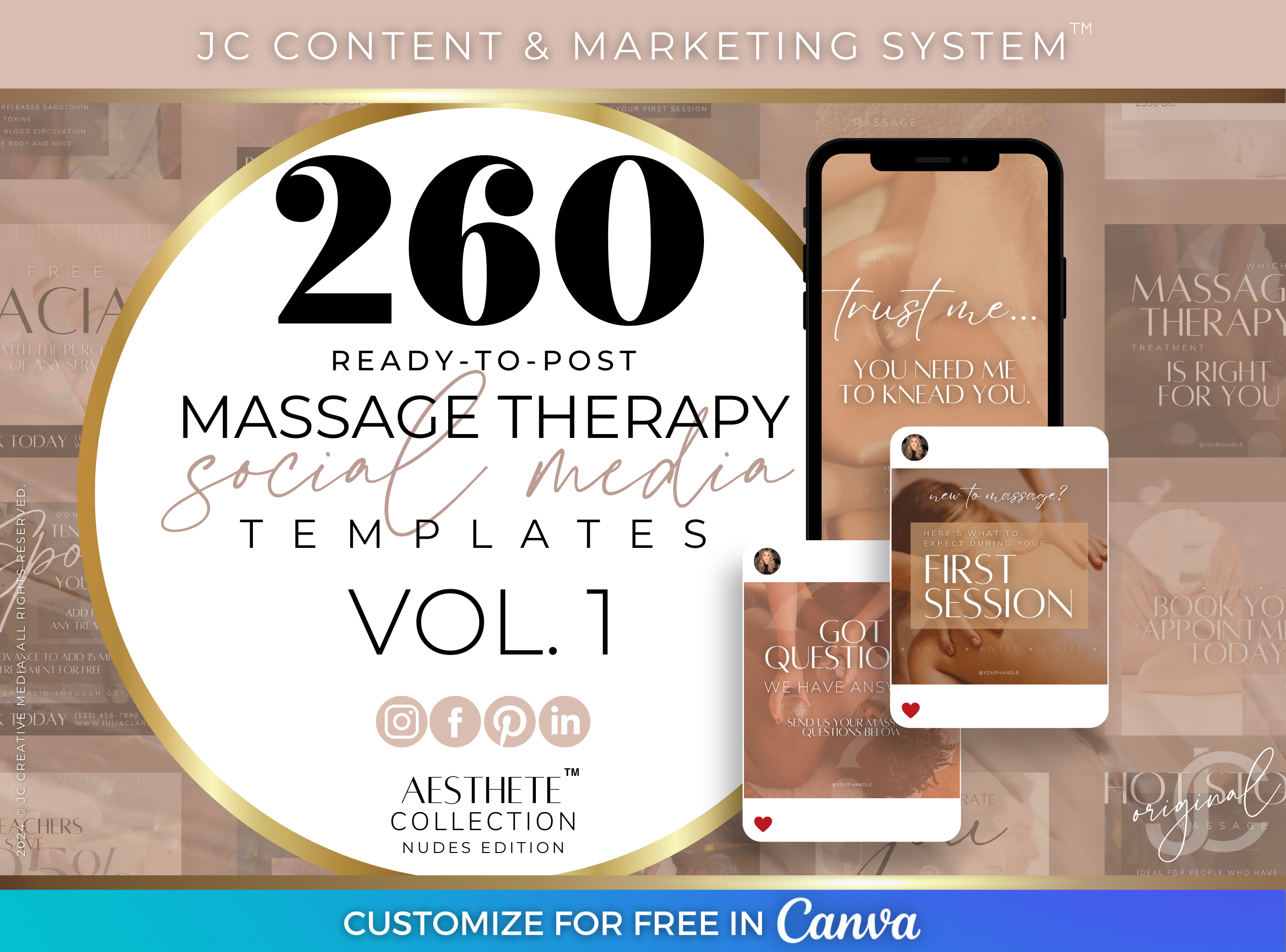 Massage Social Media Marketing for Spas & Massage Therapists by JC Creative Media (Skintone/Neutral Branding)