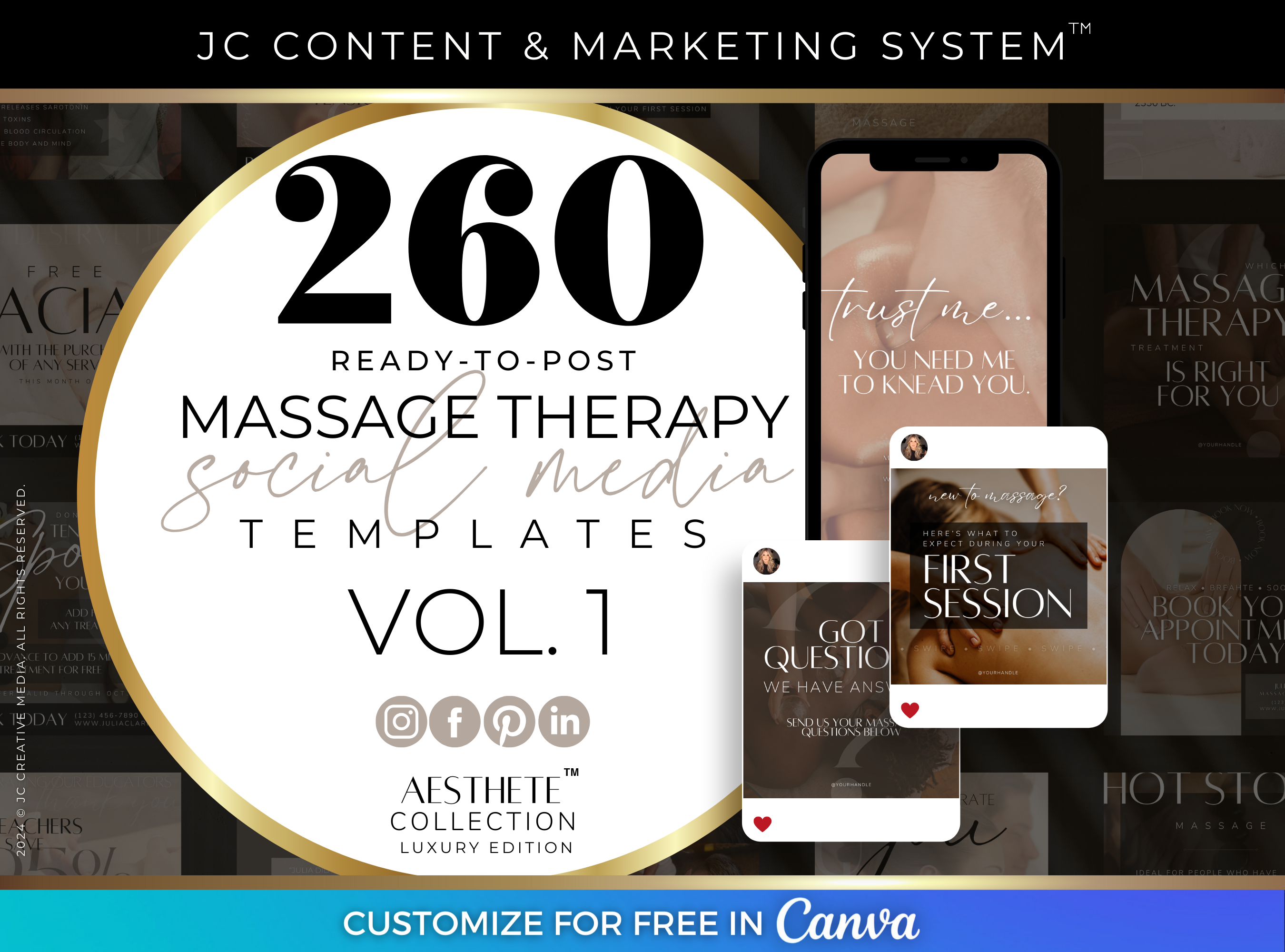 Massage Therapy Social Media Marketing Canva Templates (Luxury Black/Beige Branding) by JC Creative Media