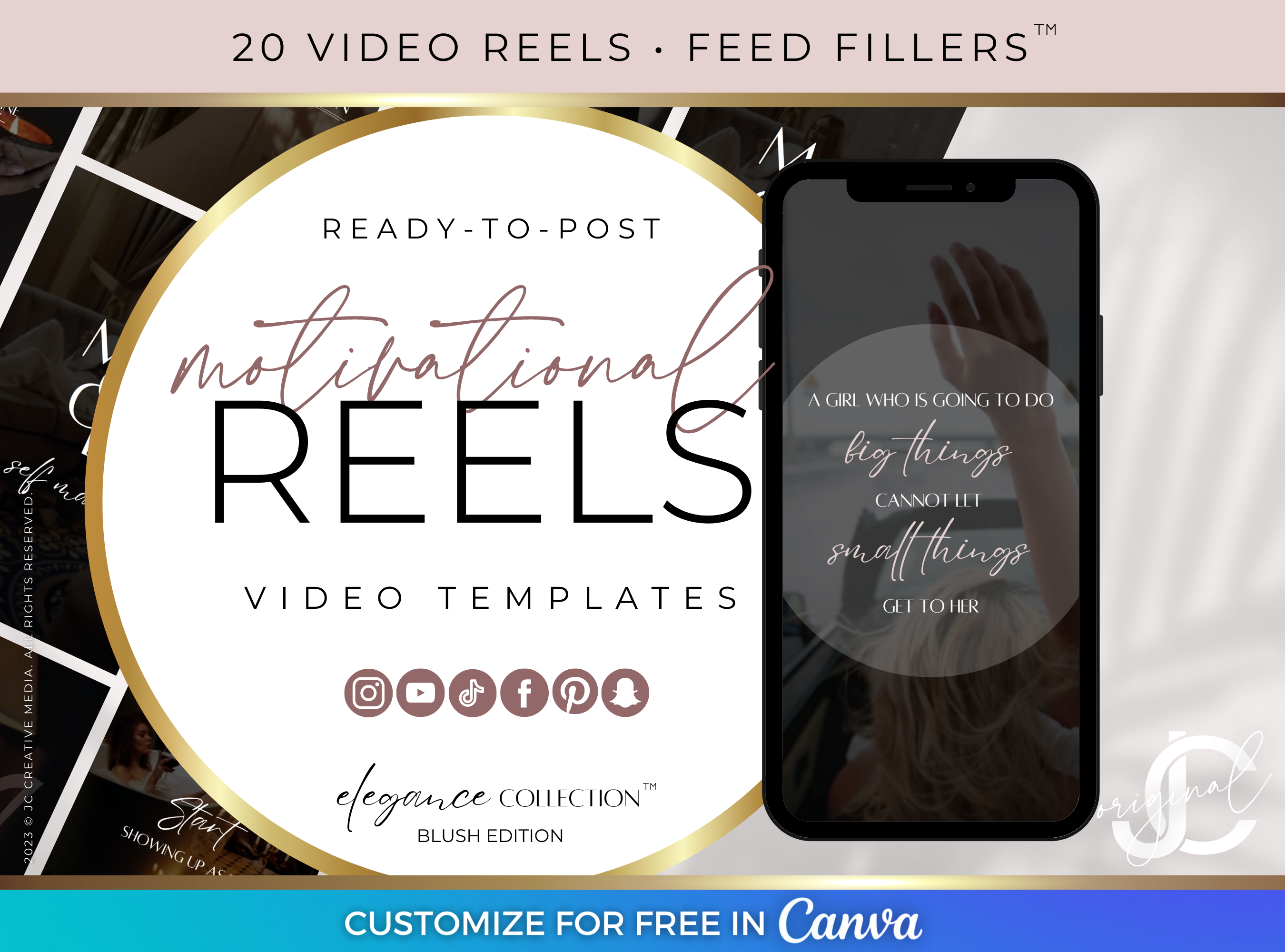 Women's Motivational Quotes, 20 Ready-to-Post Reels Video Templates (Black and Pink Pretty Branding)