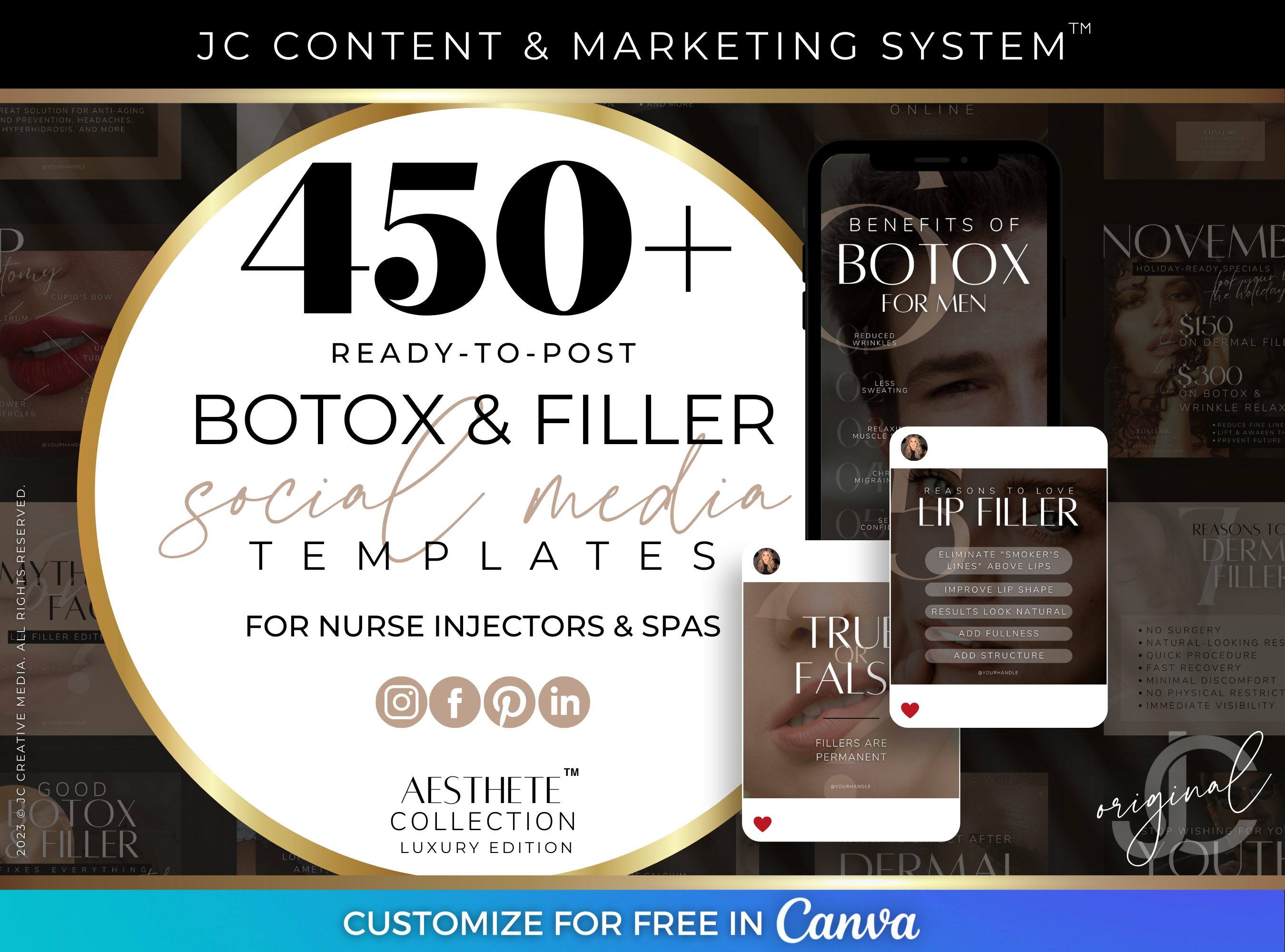 Canva Templates for Nurse Injectors (Botox, Dysport, filler, wrinkle relaxer, etc.) Luxury Black & Beige Branding