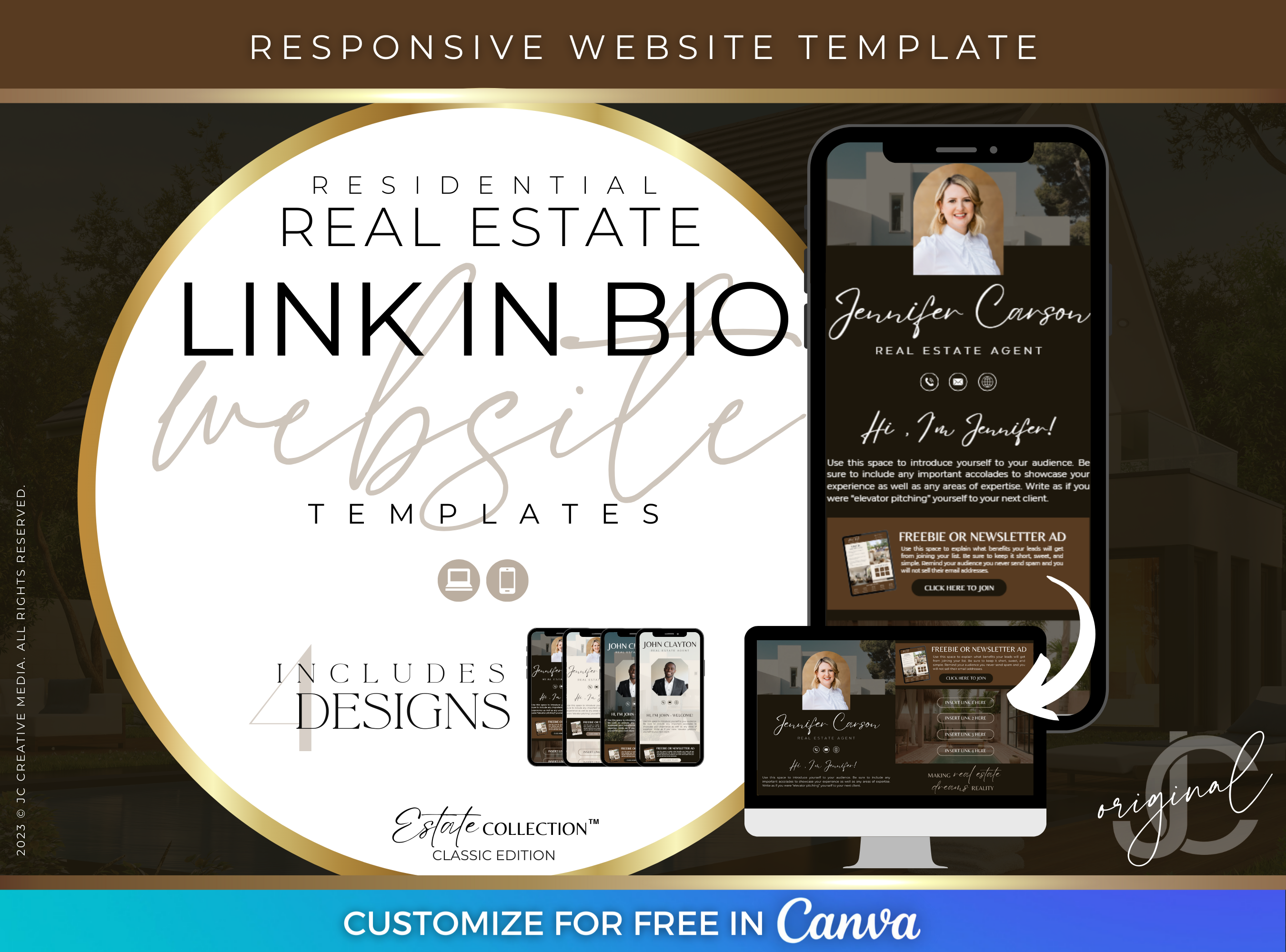 real estate agent link in bio Canva website templates (brown/cognac and beige branding)