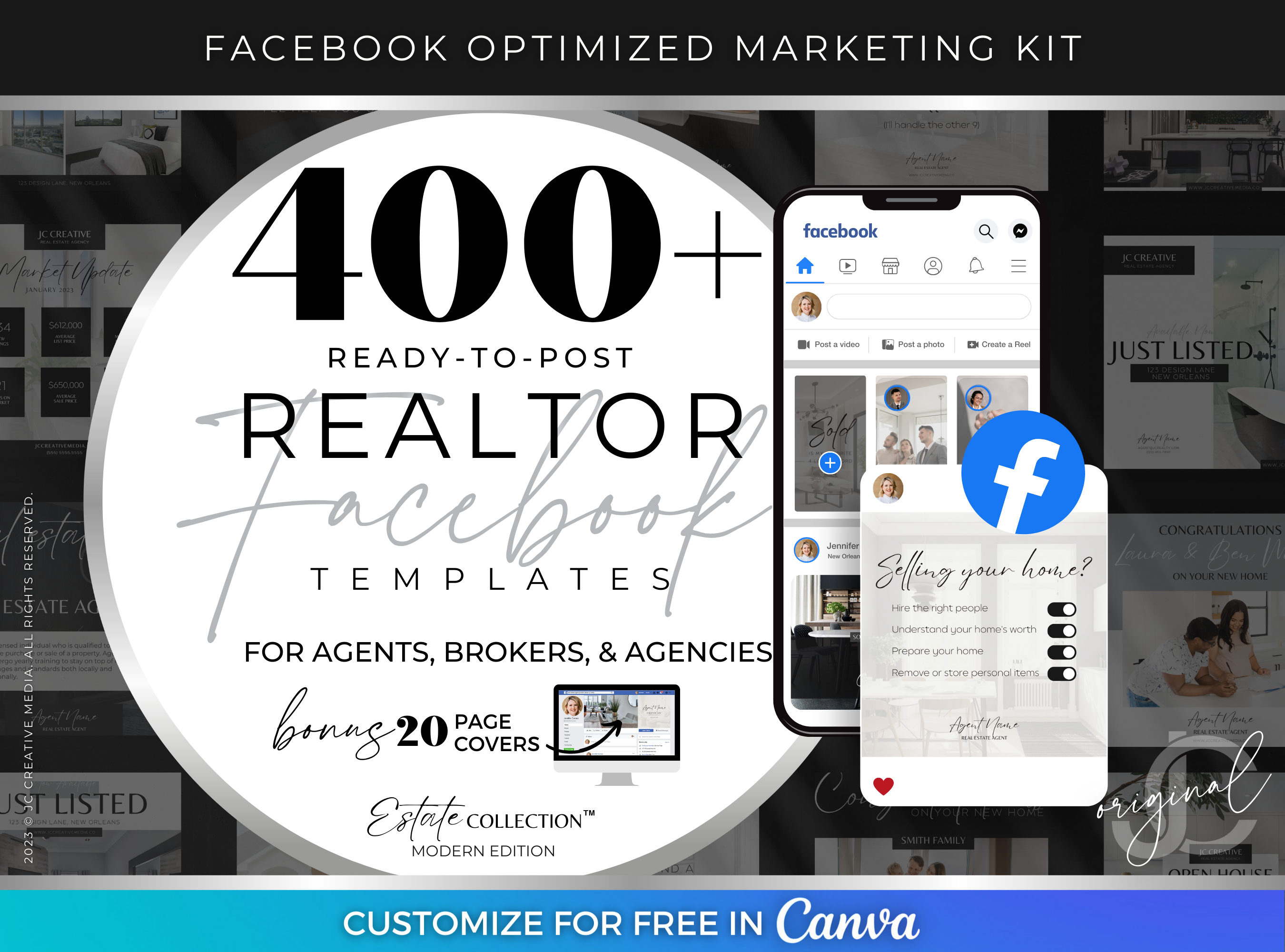 Real Estate Facebook Post Canva Templates for Realtor Marketing (Modern Black Branding)