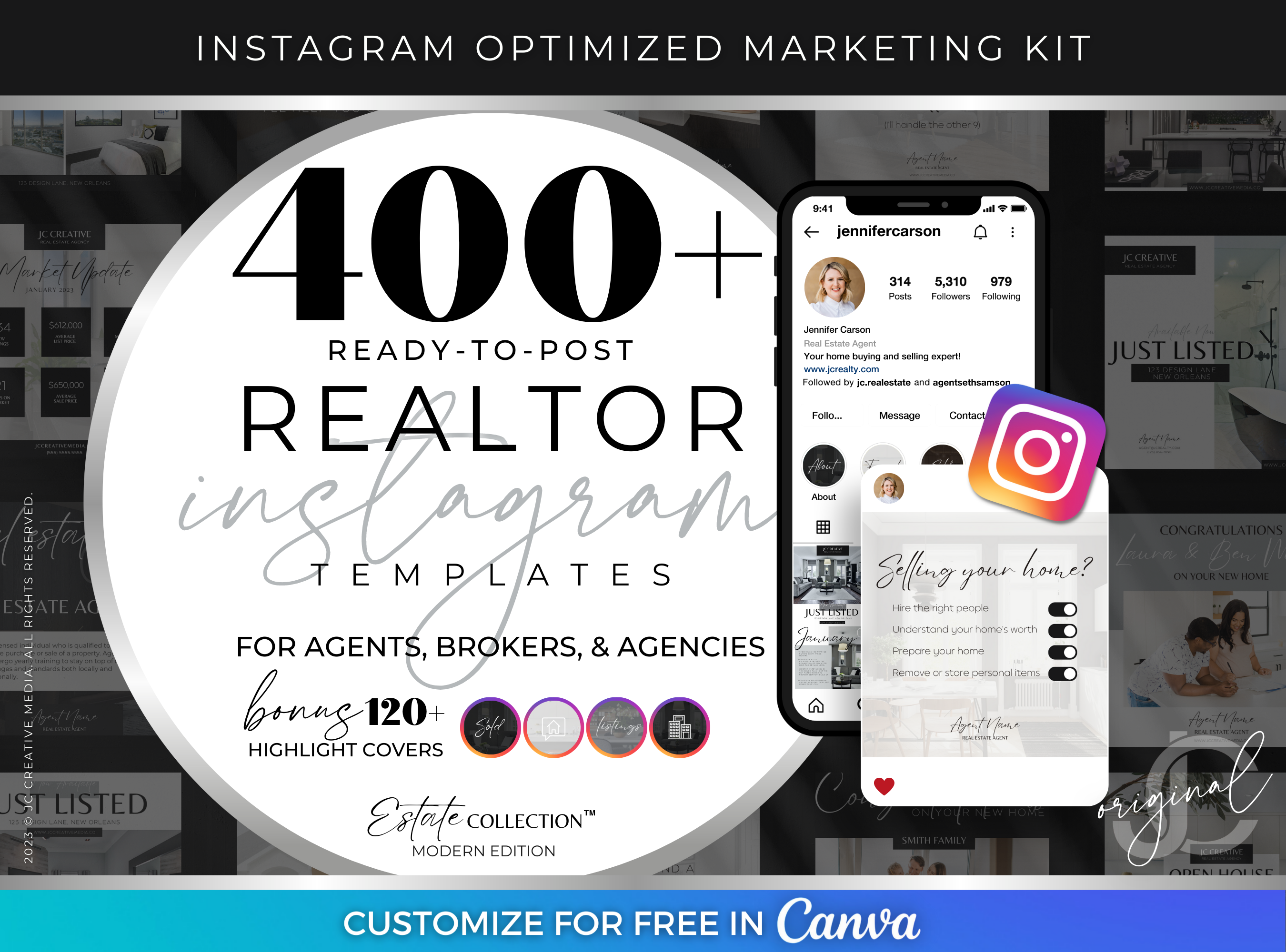 Realtor Marketing Canva Templates and Instagram Posts (Modern Black/Gray Branding)