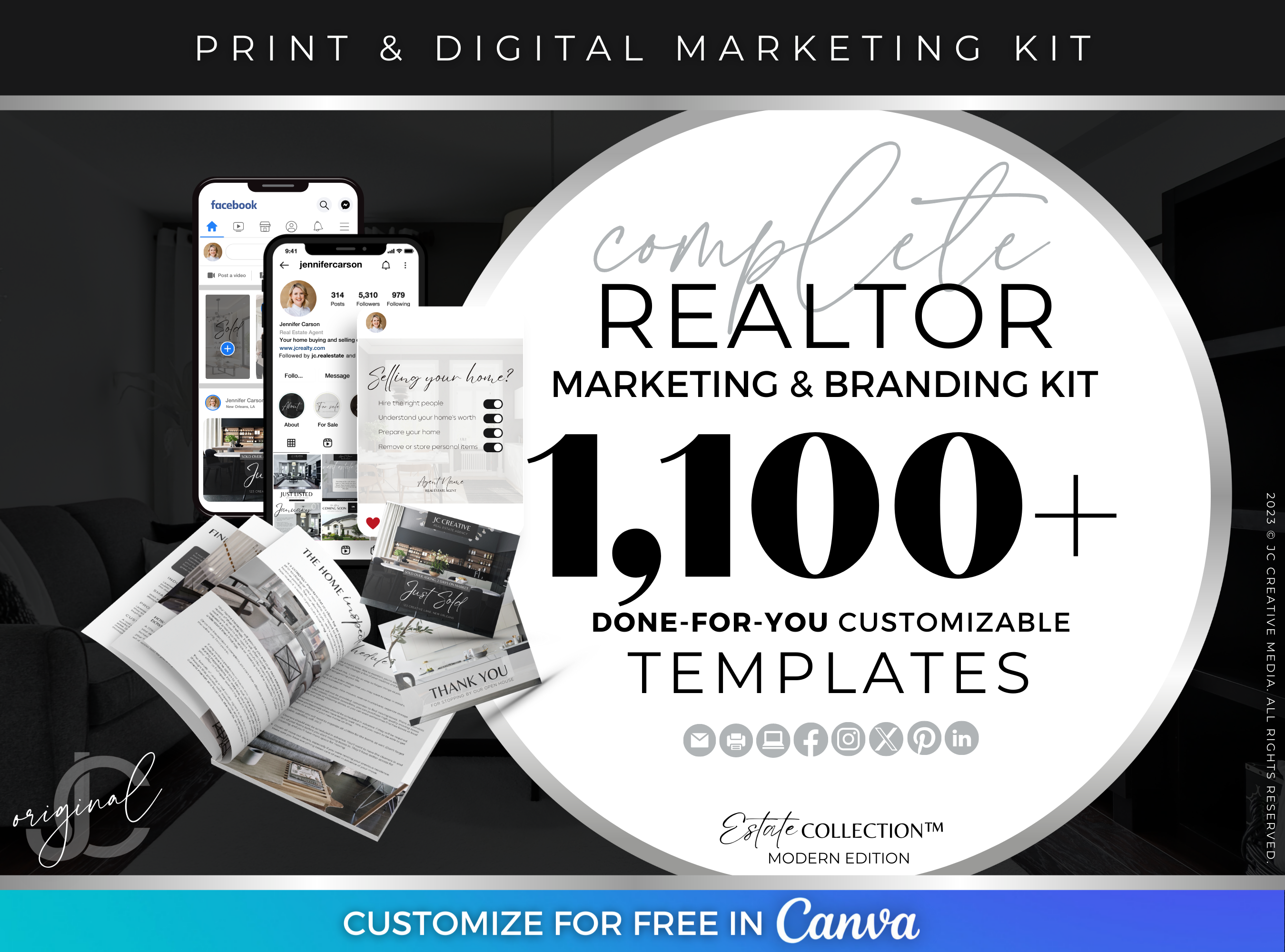 1,100+ Realtor Marketing Canva Templates (Black and Gray Neutral Modern Luxury Branding Kit)