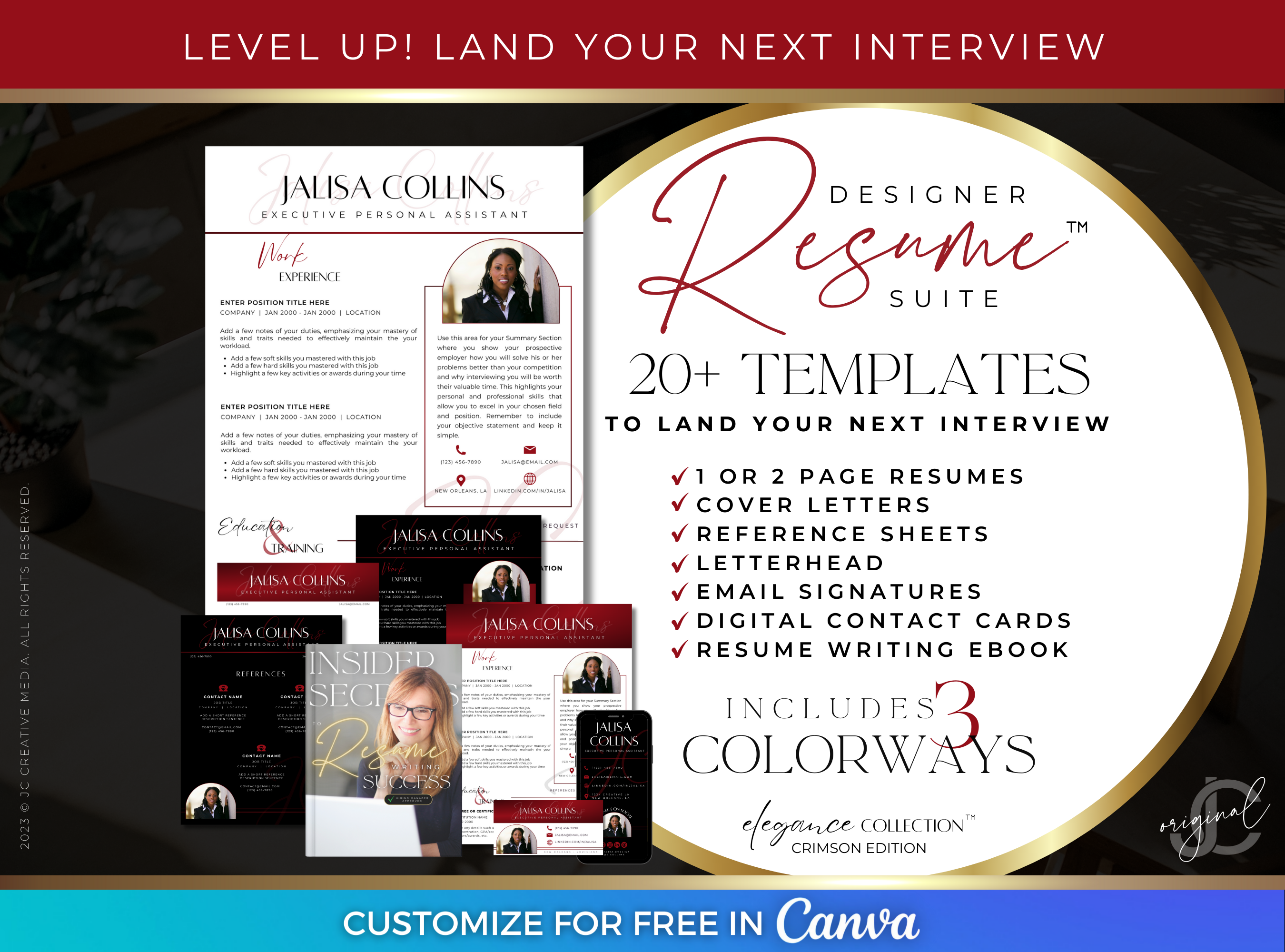 canva resume template for women with red and black personal branding (great for sorority resume, professional resume, fashion resume, modeling resume, acting resume, and more!)