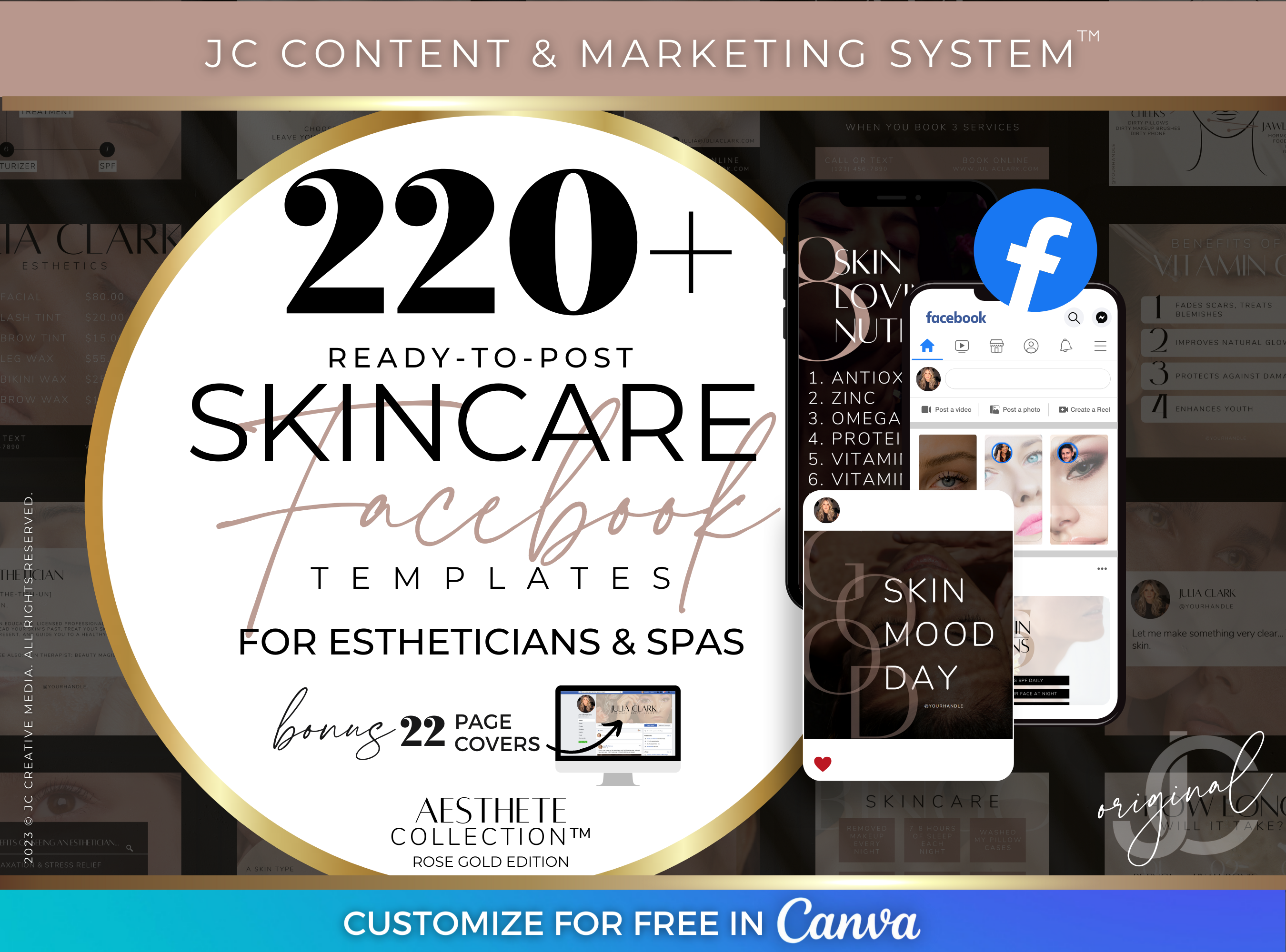 Facebook Skincare Marketing Canva Templates for Spas, Estheticians, & Beauty Professionals (Rose Gold & Black Branding Kit)