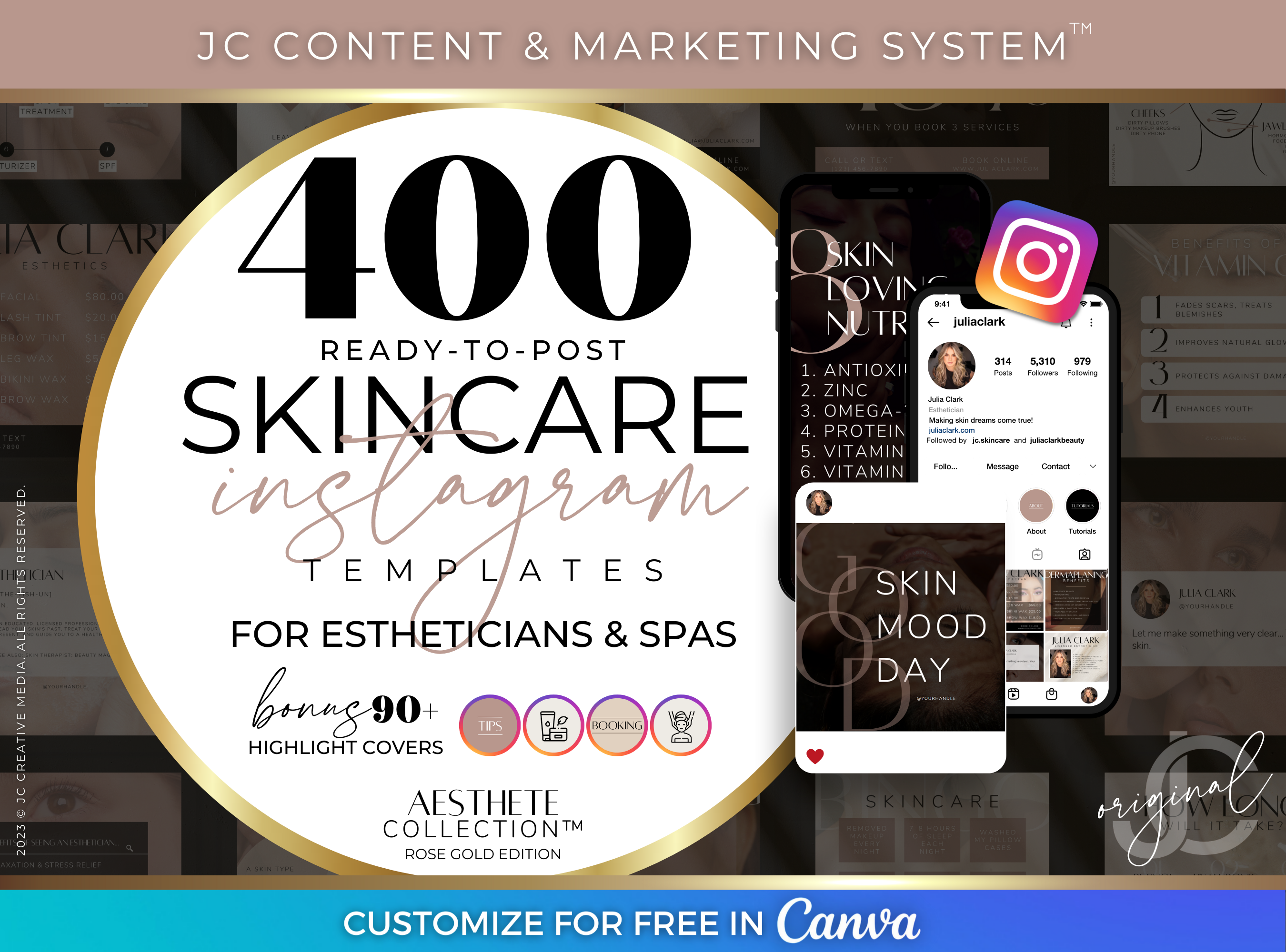 400 Skincare Instagram Post & Branding Templates for Spa & Esthetician Marketing (Luxury Rose Gold & Black Social Media Branding Kit)