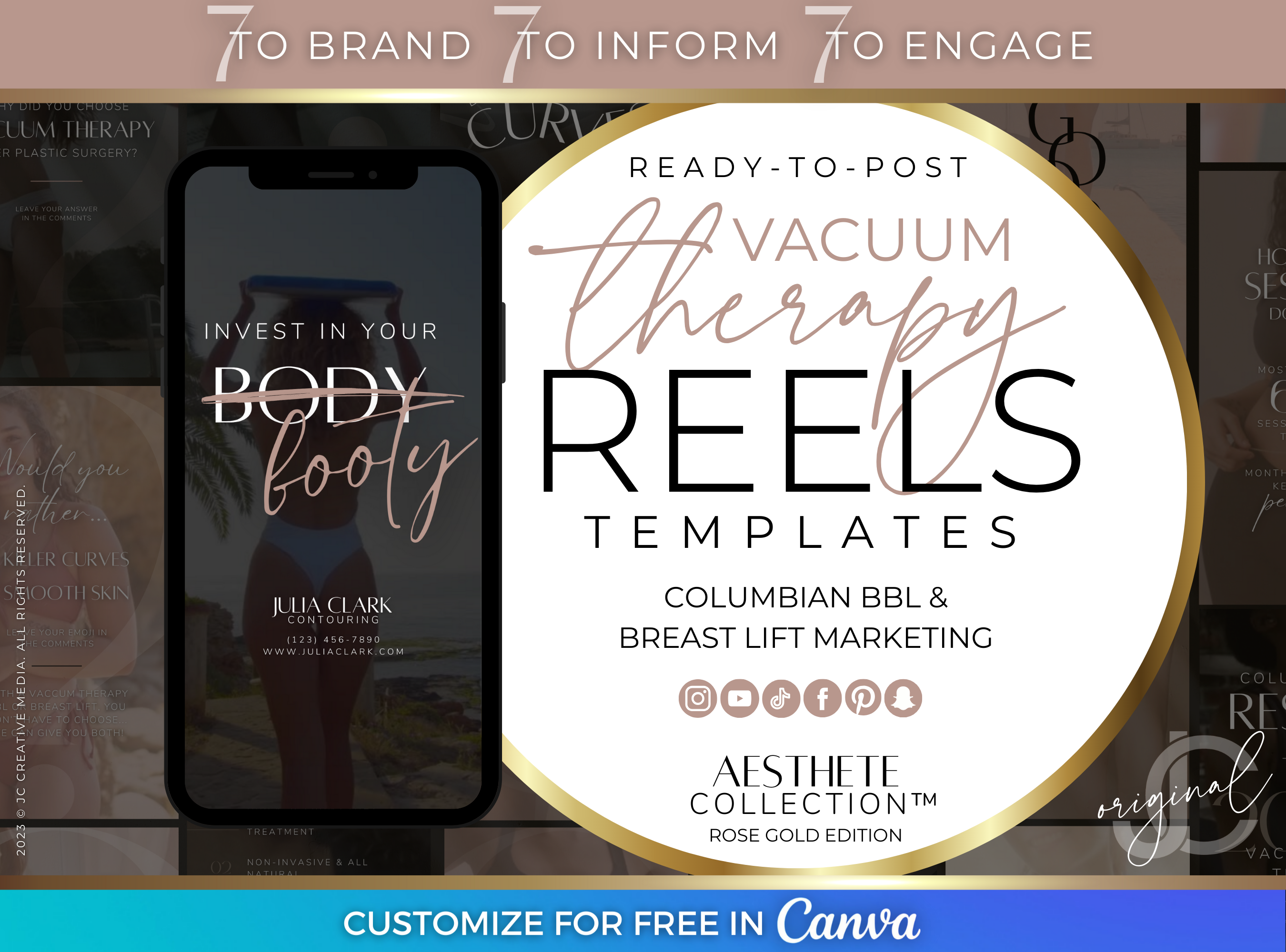 Vacuum Therapy BBL and Breast Lift Marketing Kit (Luxury Canva Templates for Med Spa Branding & Marketing) Black/Rose Gold Branding