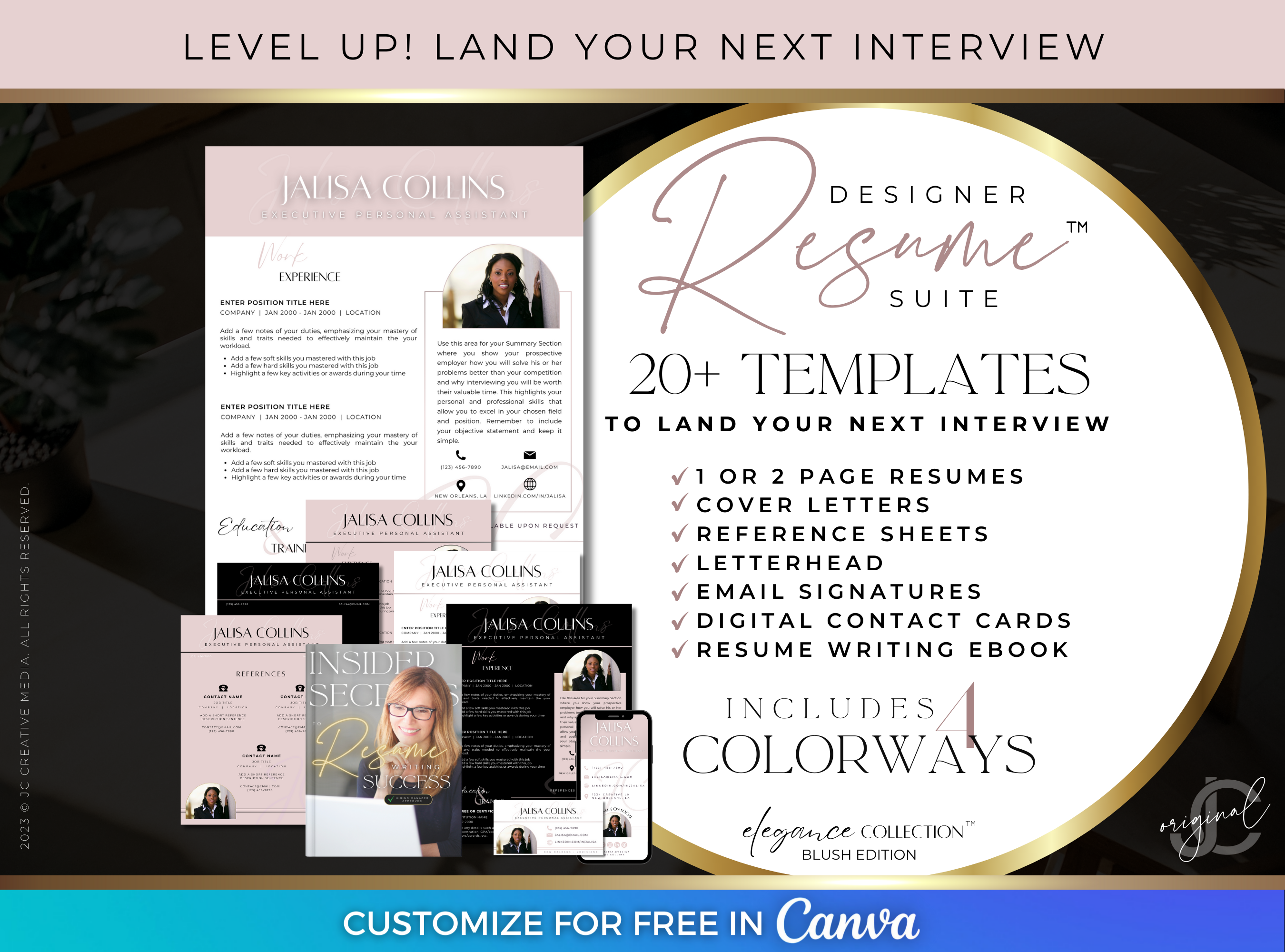 Pink Personal Branding & Resume Canva Template for Women with Cover Letter, References, Letterhead, Email Signatures, & Digital Business Cards (Great for sorority resume too!)