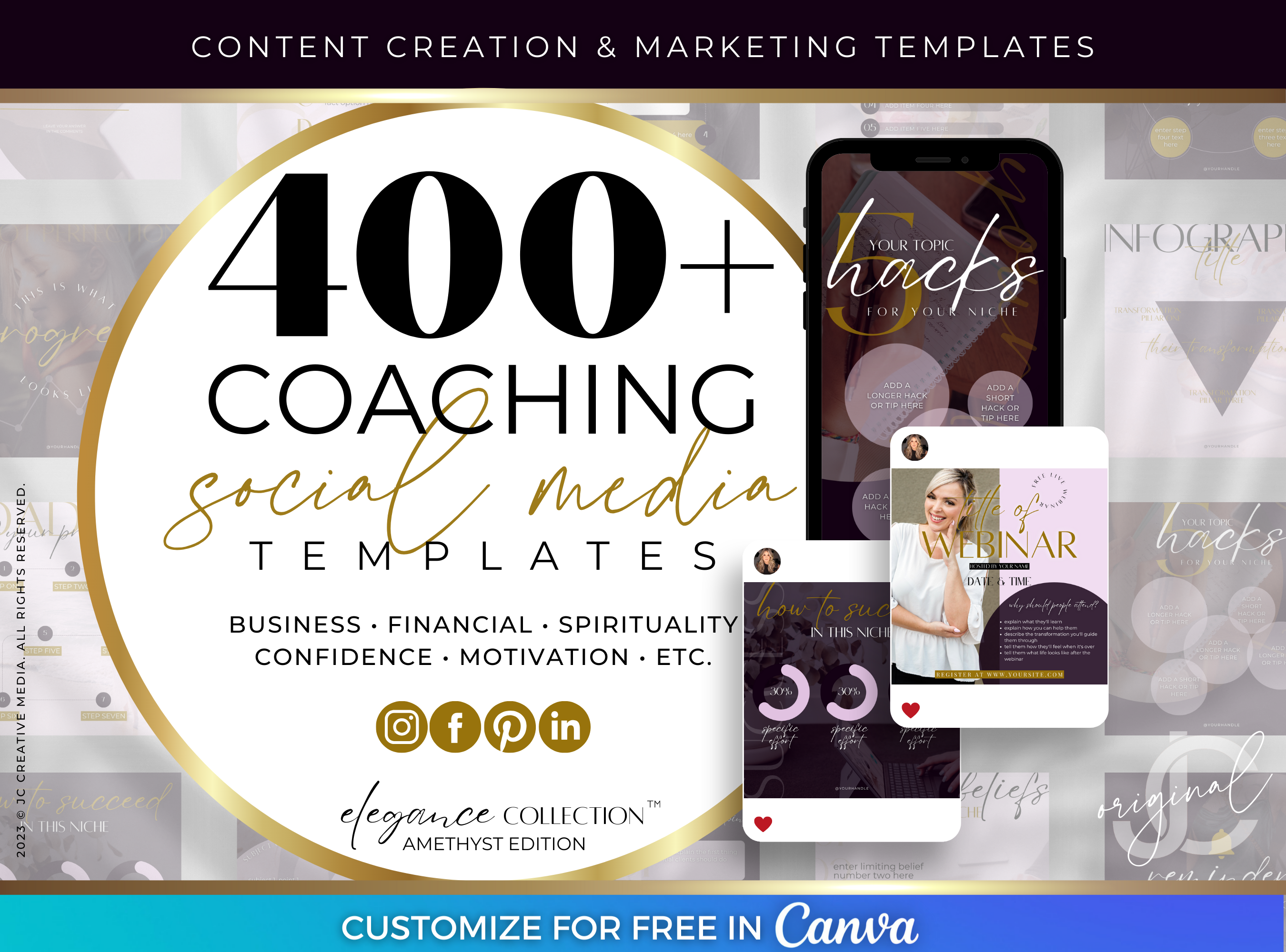 400+ Women's Coaching Canva Templates for Social Media Content Creation (Infographic Templates, Quote Posts, Promotions, & More!) Luxury Purple & Gold Branding Kit