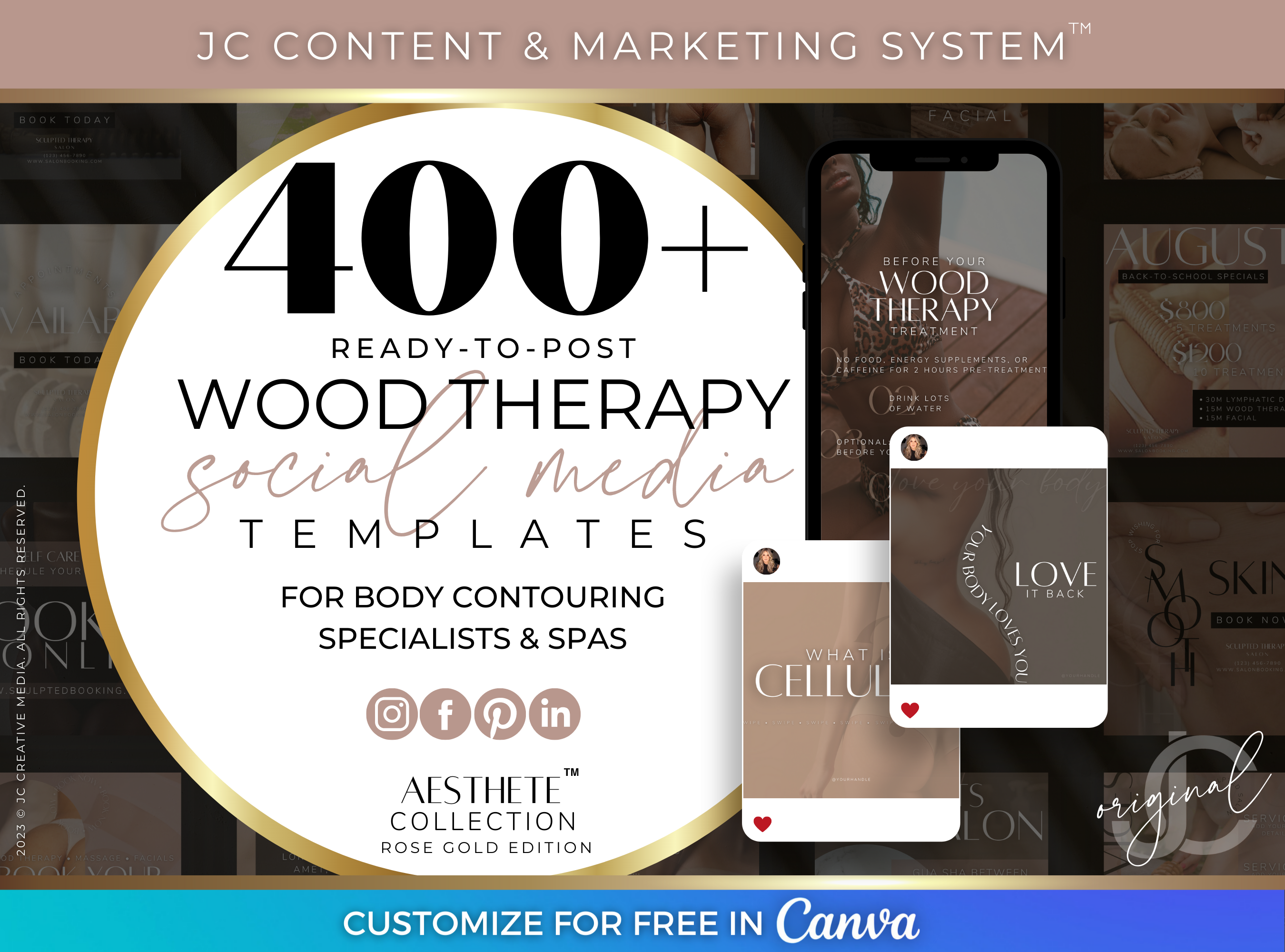 Wood Therapy Social Media Posts (Canva Templates) for Spa, Med Spa, and Massage Therapist Marketing (Rose Gold Branding)