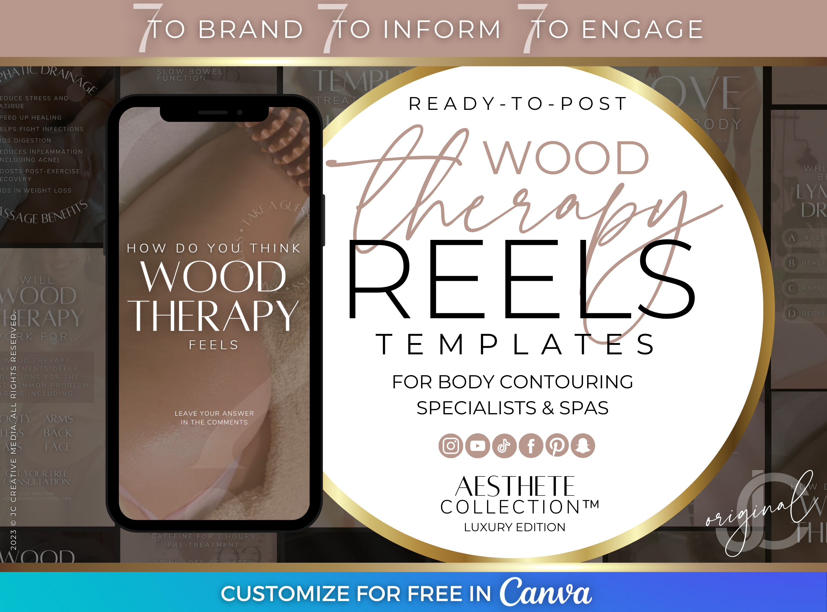 Wood Therapy Marketing Social Media Posts for Facebook and Instagram Reels (Canva Video Templates) Rose Gold/Pink Branding