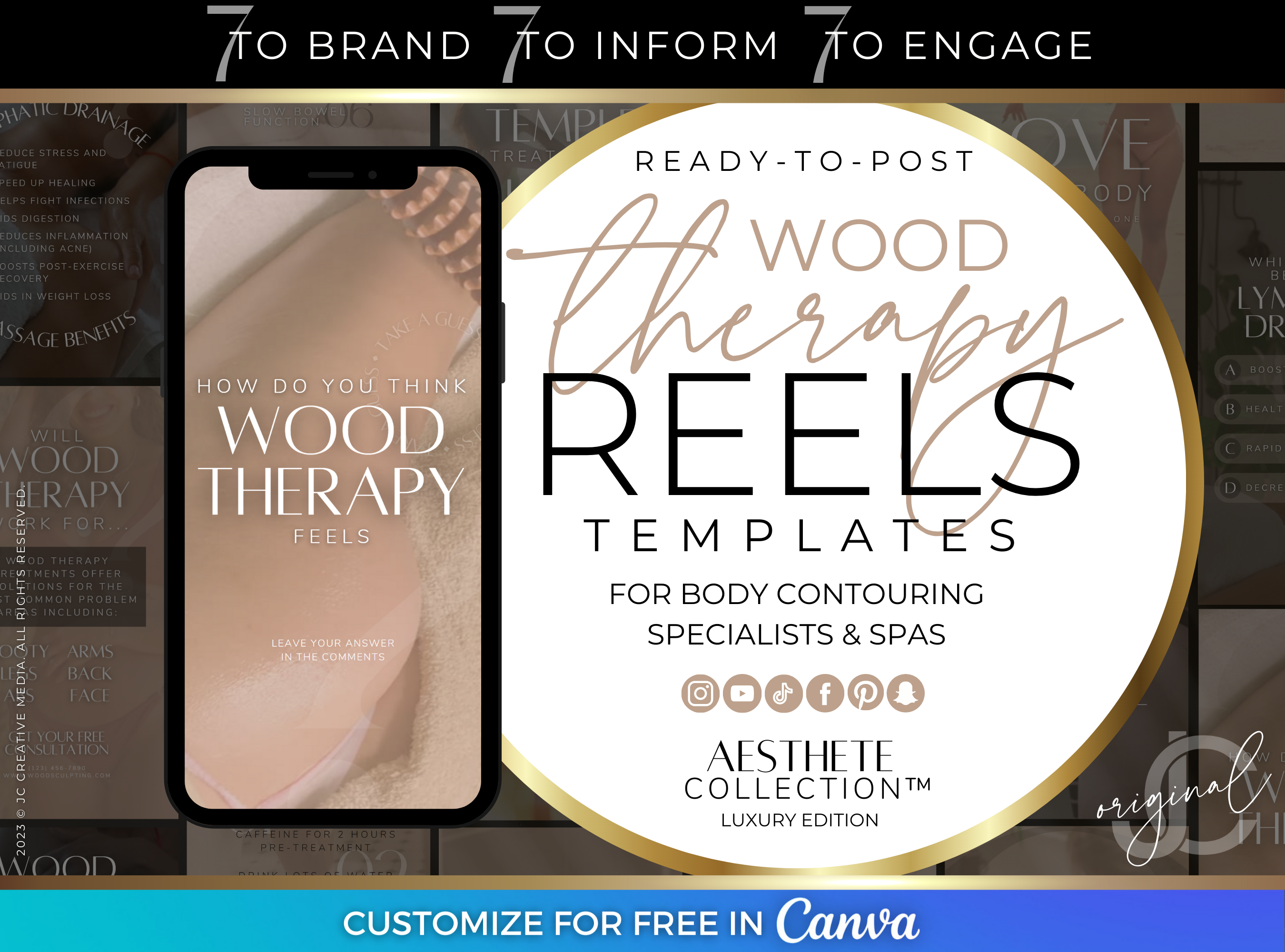 Wood Therapy Instagram Reels Video Templates for Spa and Body Contouring Marketing (Luxury Black/Tan Branding)