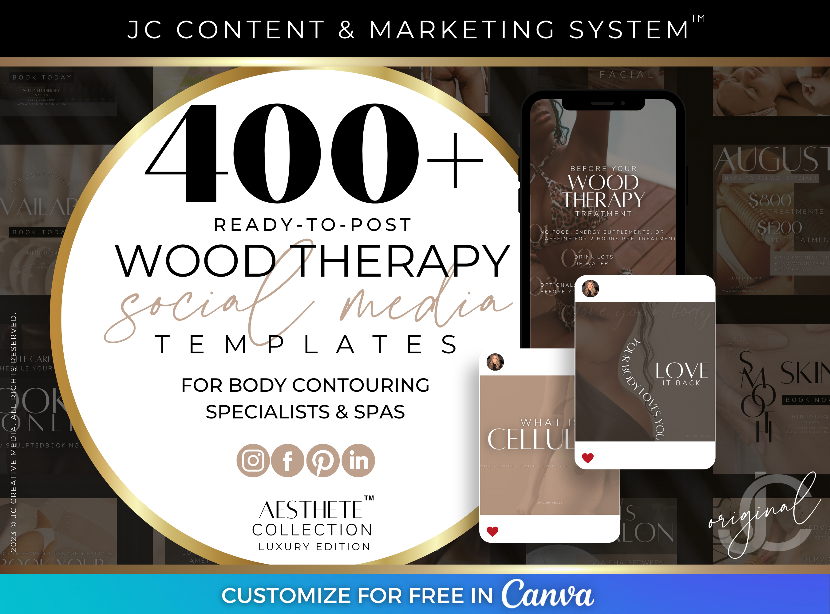 Wood Therapy Social Media Marketing Kit (Canva Templates) Black Luxury Branding for Med Spas and Massage Therapists