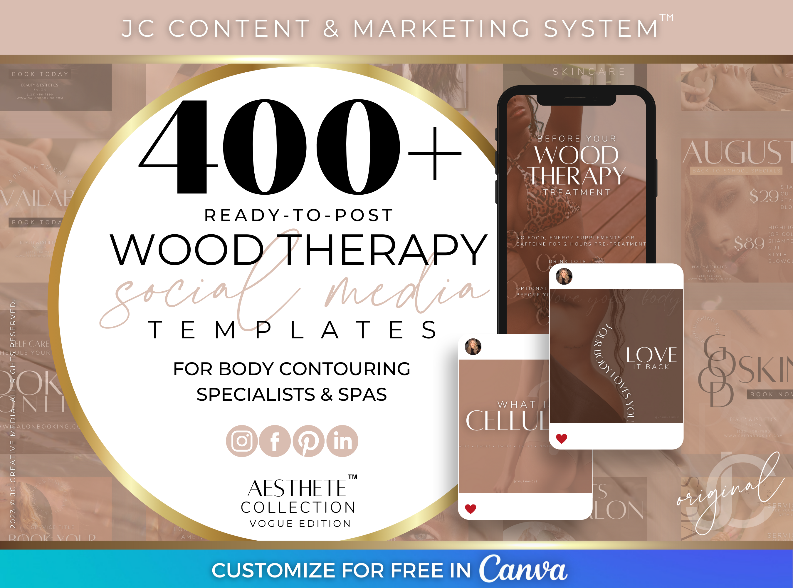 Wood Therapy Marketing Templates for Spas, Med Spas, and Massage Therapists (Canva Templates) Nudes/Skintone Color Branding