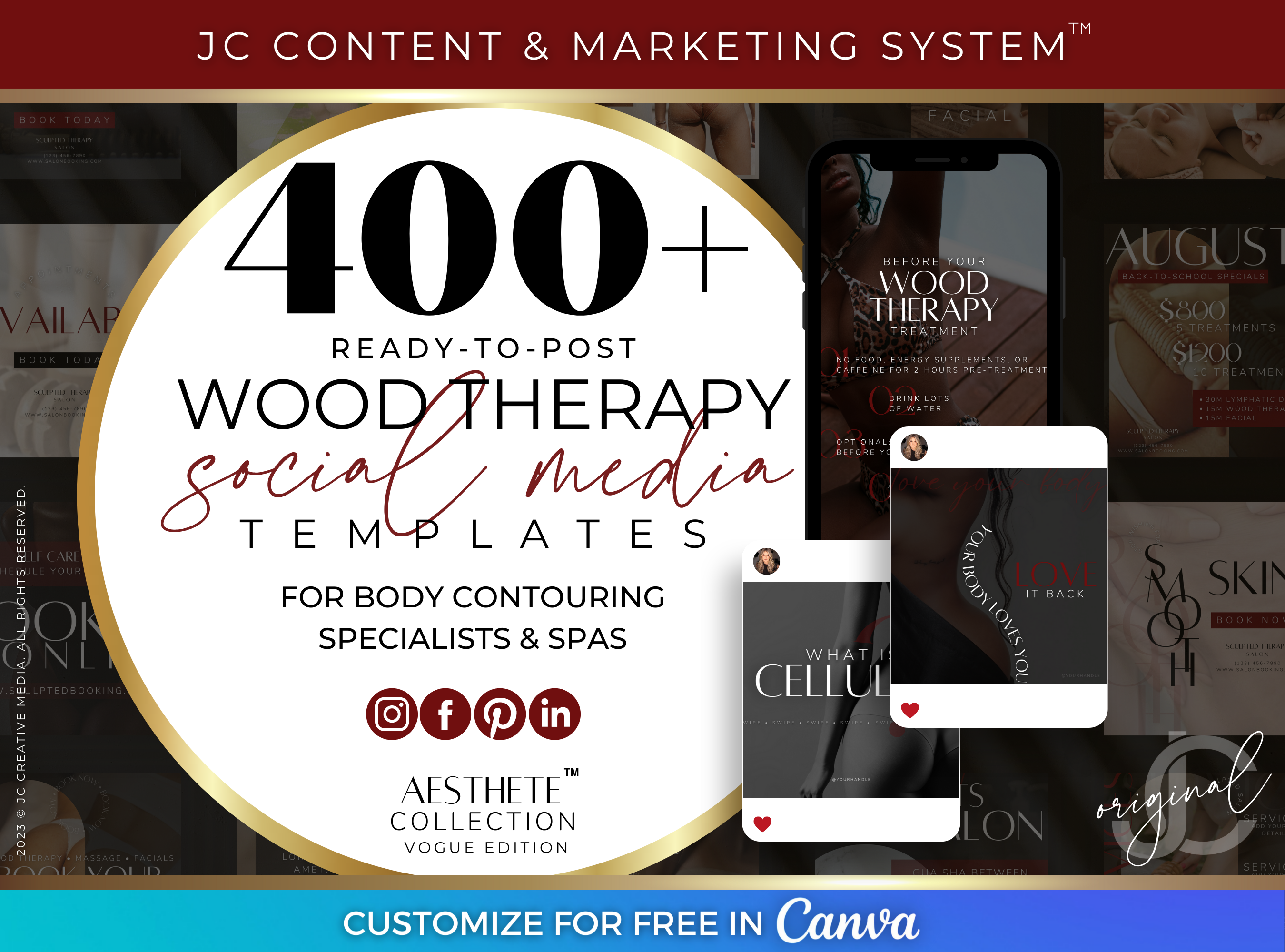 Vogue Med Spa or Massage Therapist Marketing Templates for Wood Therapy Services (Red and Black Branding Kit)