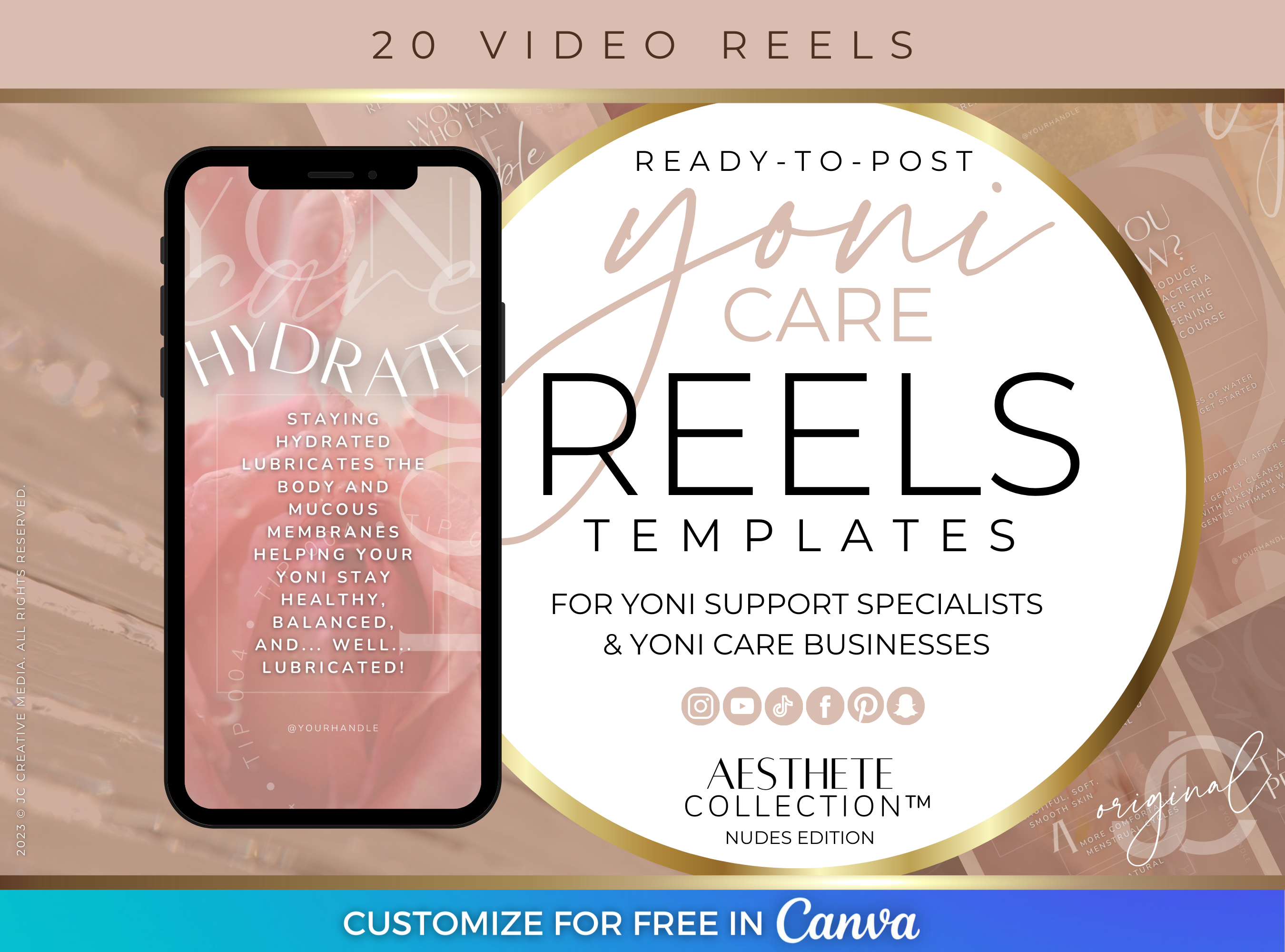 Yoni Care Reels Templates for Yoni Oil, Yoni Steam, or V Steam Marketing (Nudes Neutral Branding Skintone Colors)