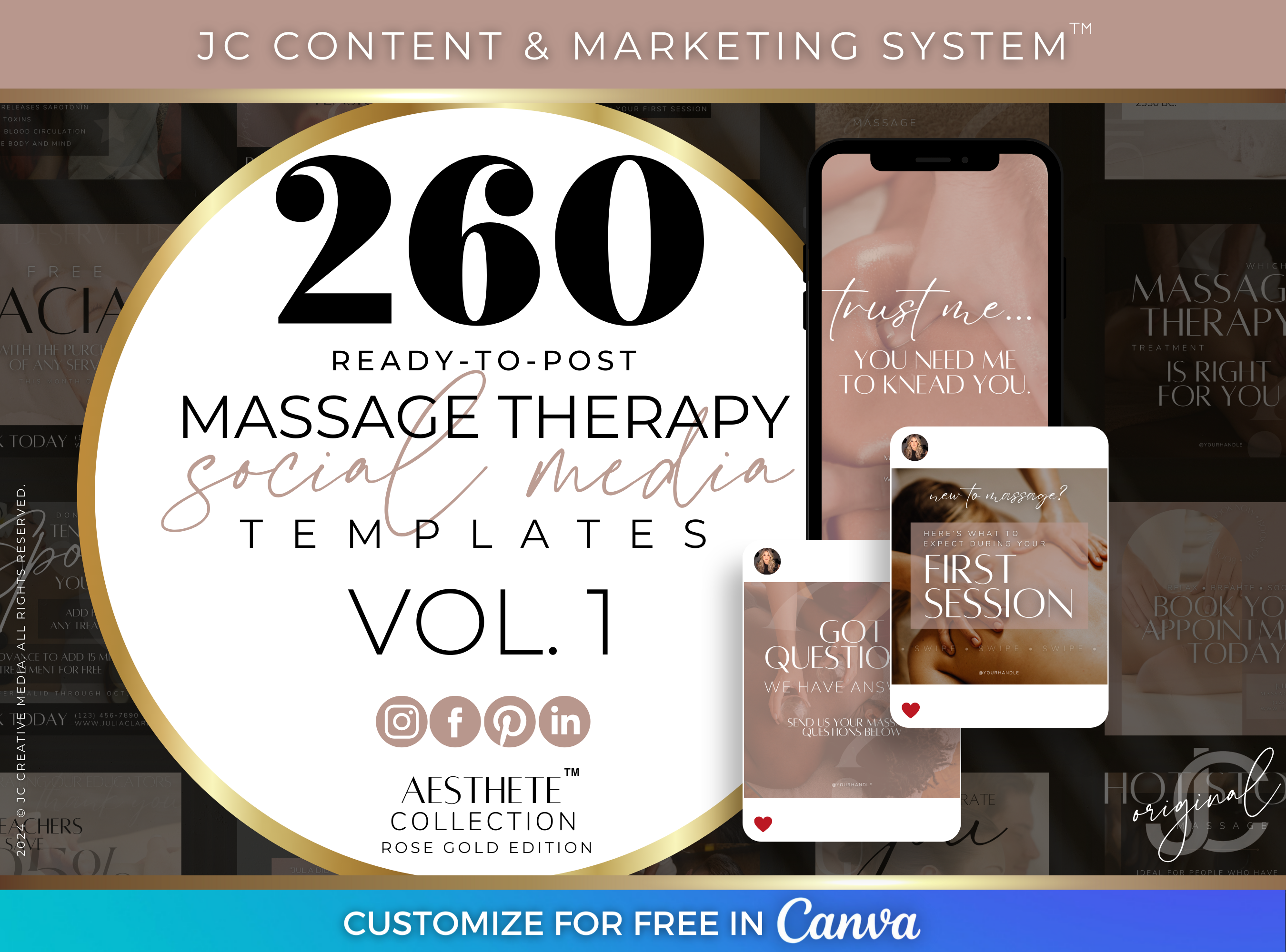 Massage Therapy & Spa Marketing Canva Templates for Social Media by JC Creative Media (Rose Gold + Black Branding)