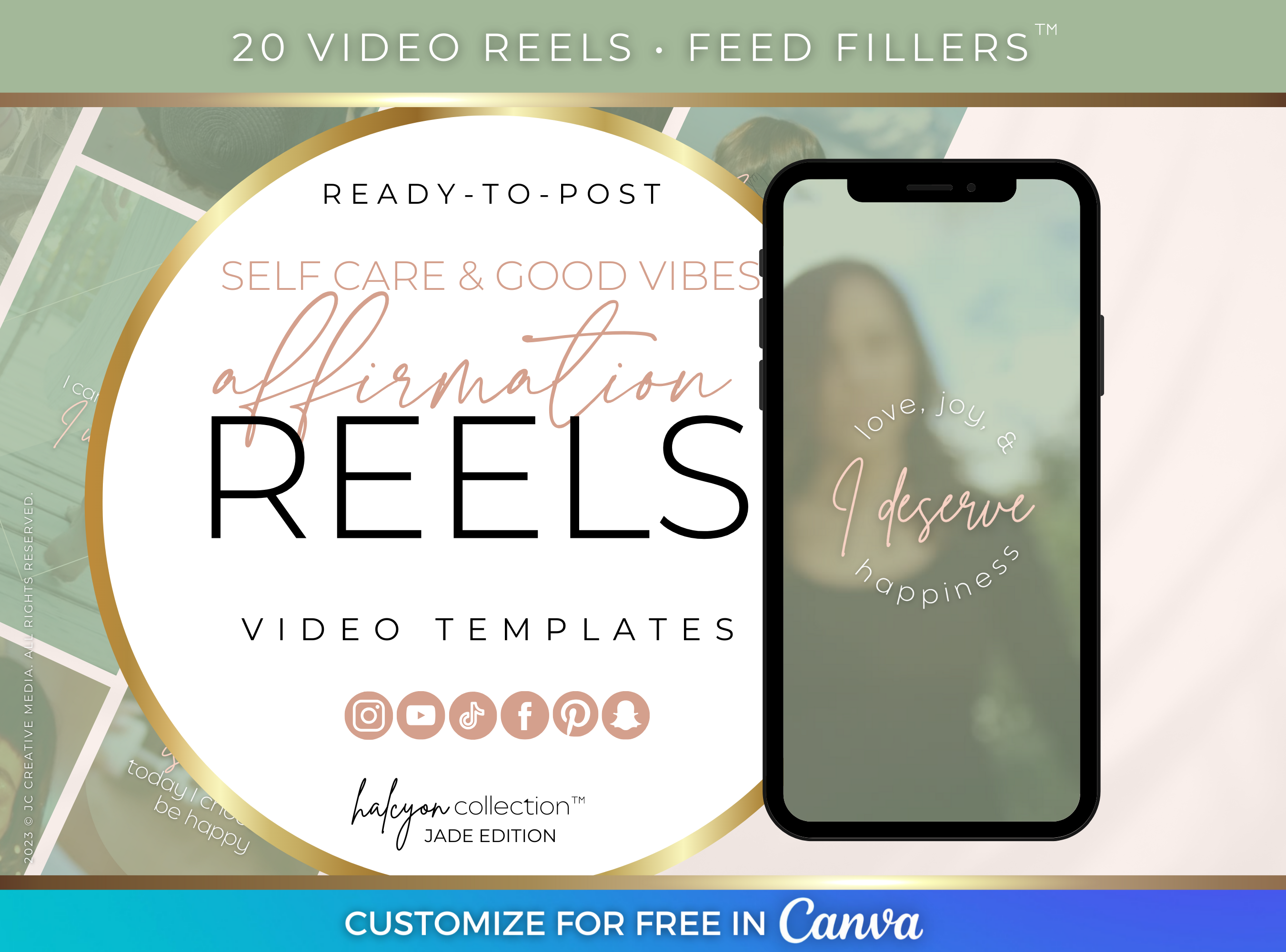 Self Care Affirmations for Happiness and Good Vibes, Ready-to-Post Reels Video Canva Templates (Avocado/Matcha Green and Pink)