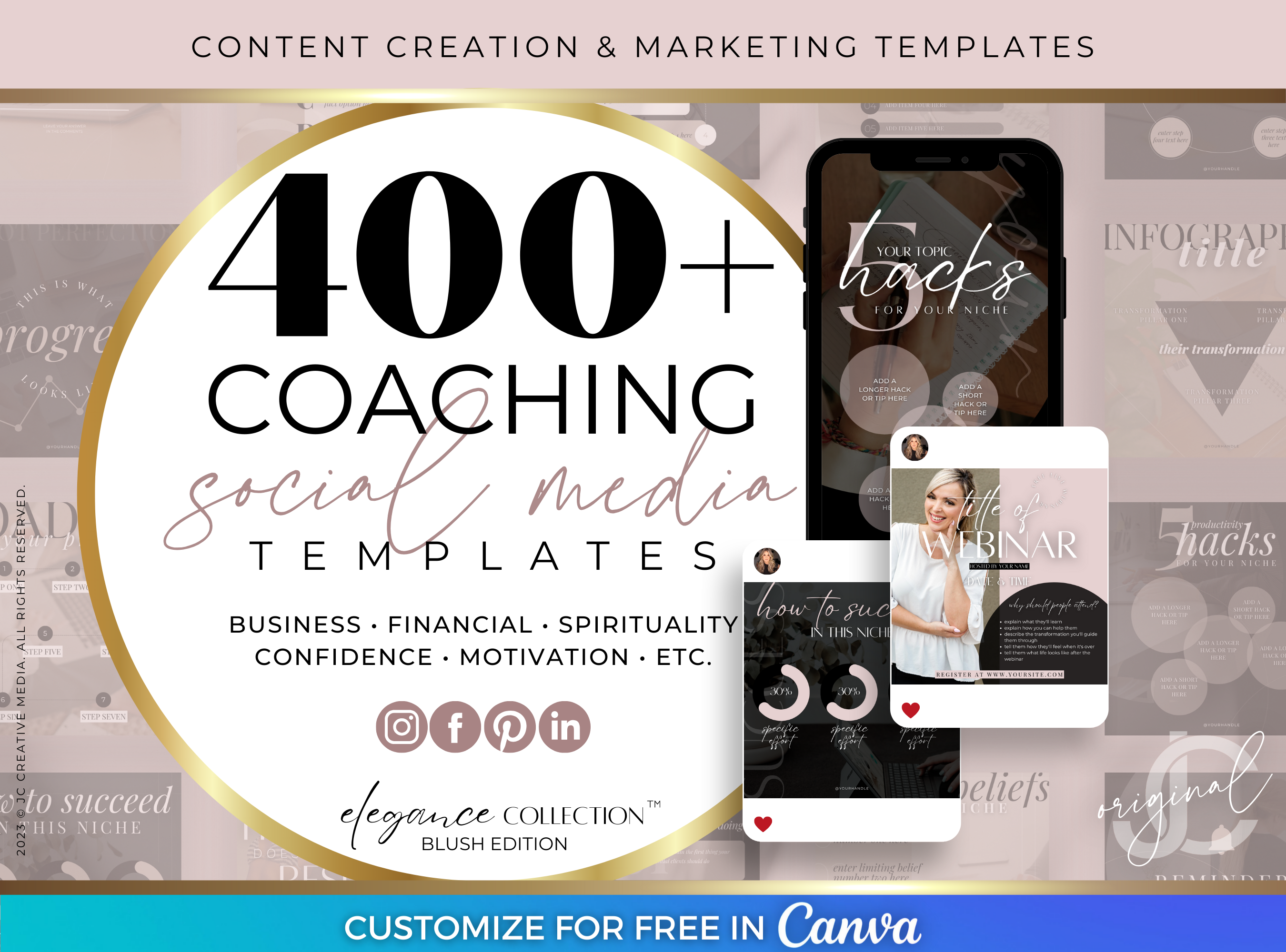 400+ Women's Coaching Templates for Instagram, Facebook, Pinterest, LinkedIn, and more. Feminine pink and black branding.