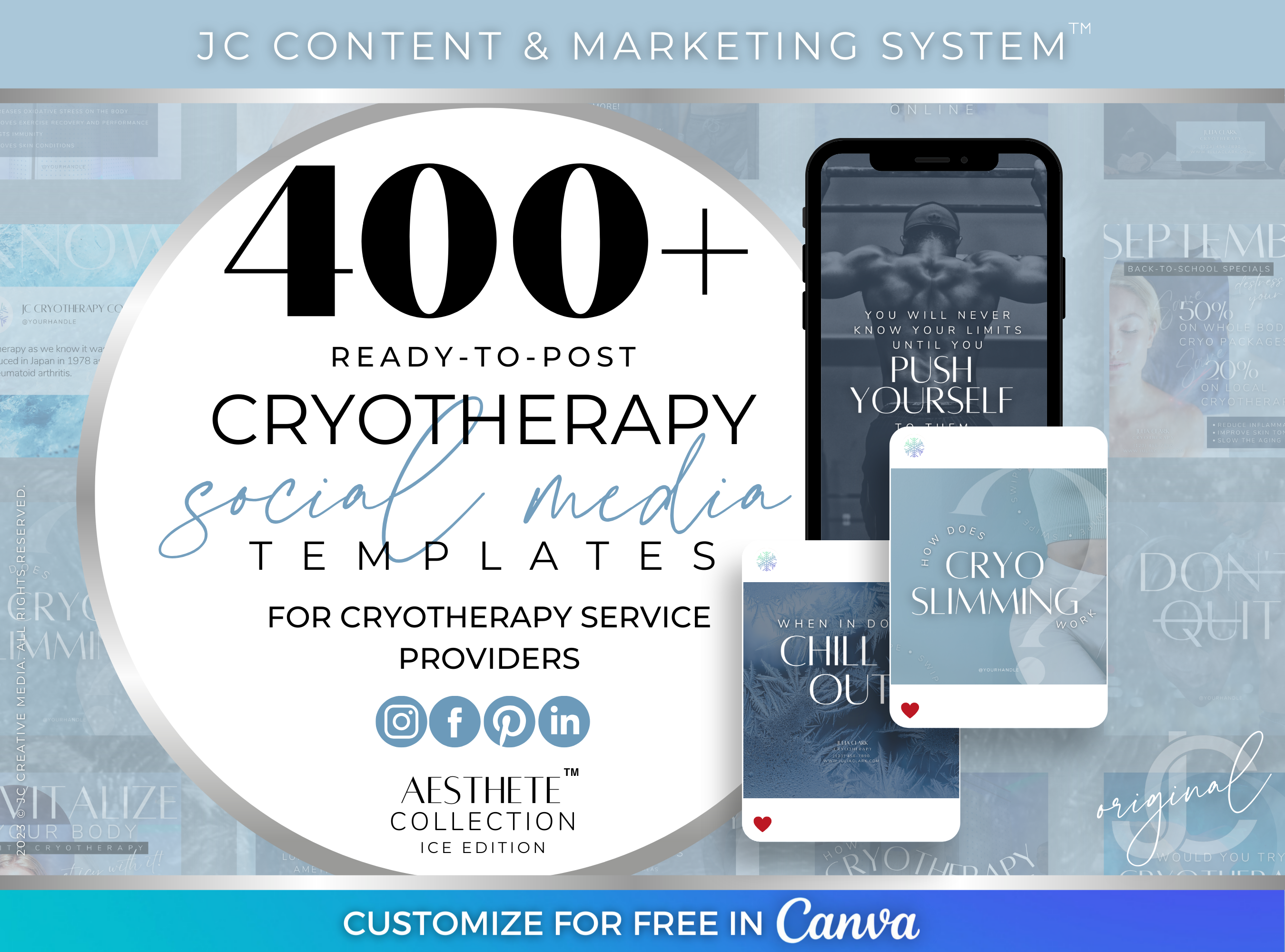 410 Cryotherapy Posts Canva Templates for Instagram, Facebook, Pinterest, LinkedIn, etc. (Cryotherapy Social Media Marketing & Branding Kit)