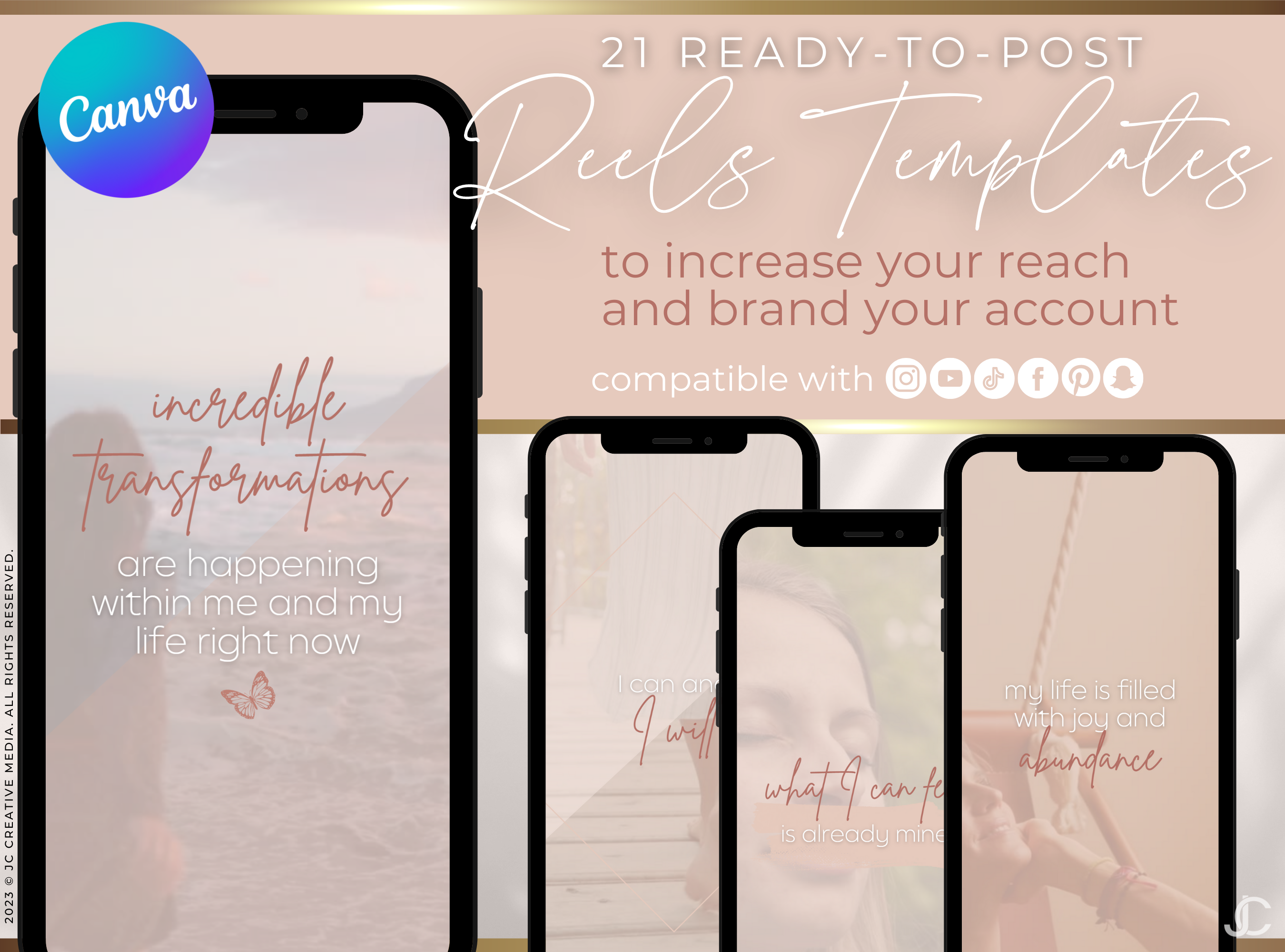 20 Self Care & Happiness Affirmation Reels Video Templates (Ready-to-Post) | Halcyon Collection™ Rose Edition