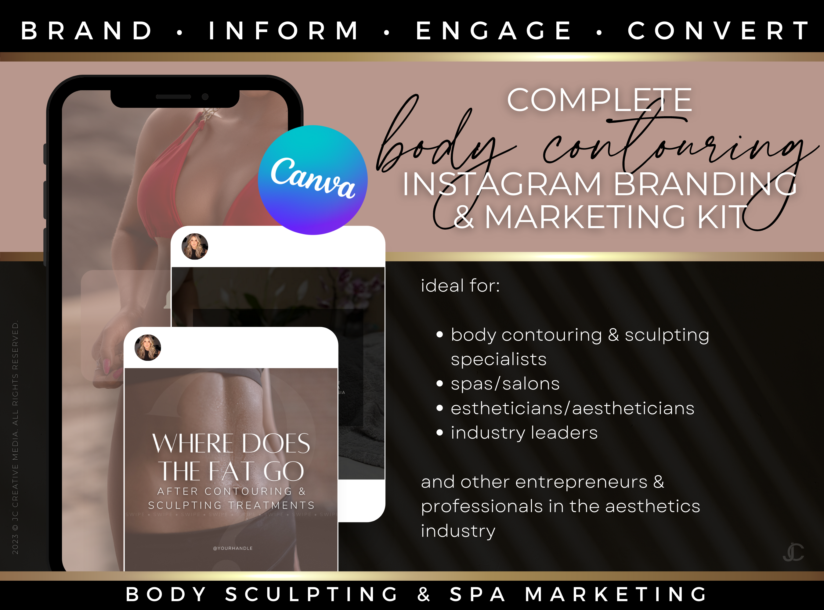 400 Body Contouring Instagram Posts for Spa & Body Sculpting Specialist Marketing (Canva Templates) | Aesthete Collection™ Rose Gold Edition