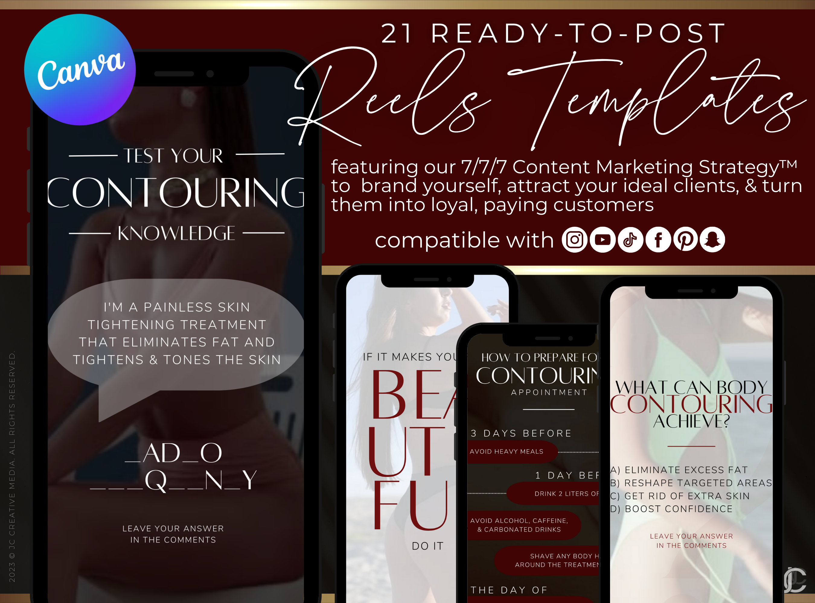 21 Body Contouring/Body Sculpting Marketing Reels Posts for Spas & Specialists (Canva Video Templates) | Aesthete Collection™ Vogue Edition