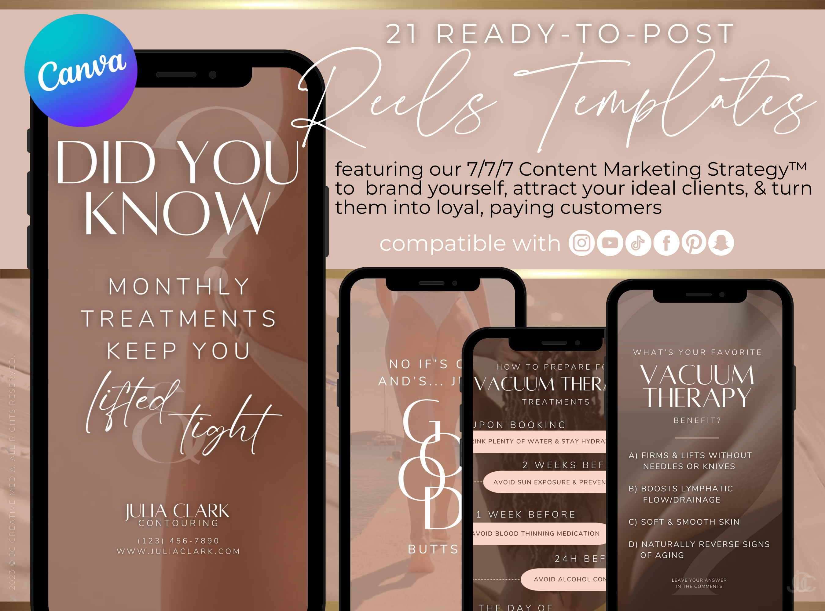 21 Vacuum Therapy BBL & Breast Lift Marketing Reels Posts for Spas & Specialists (Canva Video Templates) | Aesthete Collection™ Nudes Edition