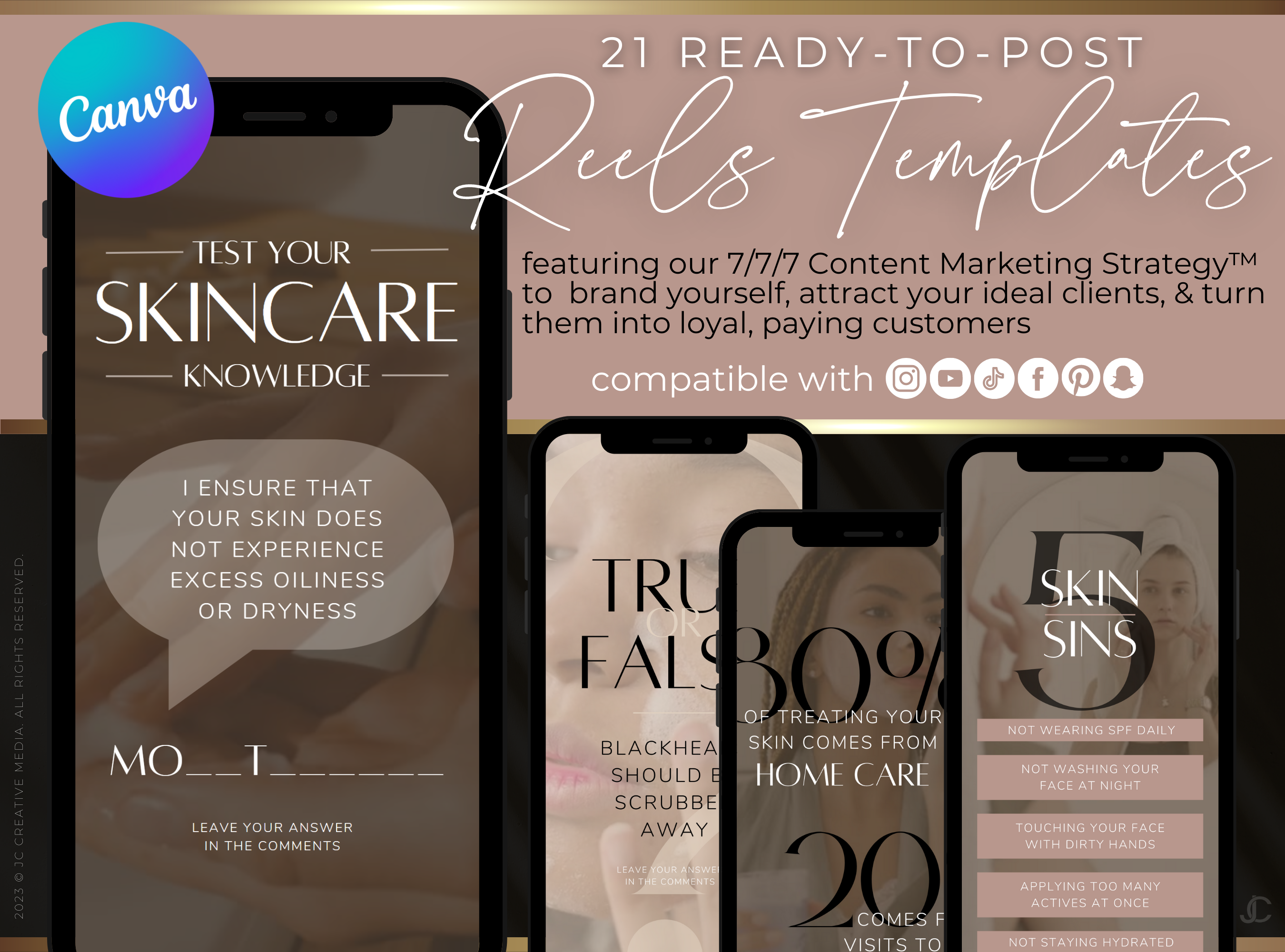 21 Spa/Esthetician Skincare Marketing Reels Posts (Canva Video Templates) | Aesthete Collection™ Rose Gold Edition