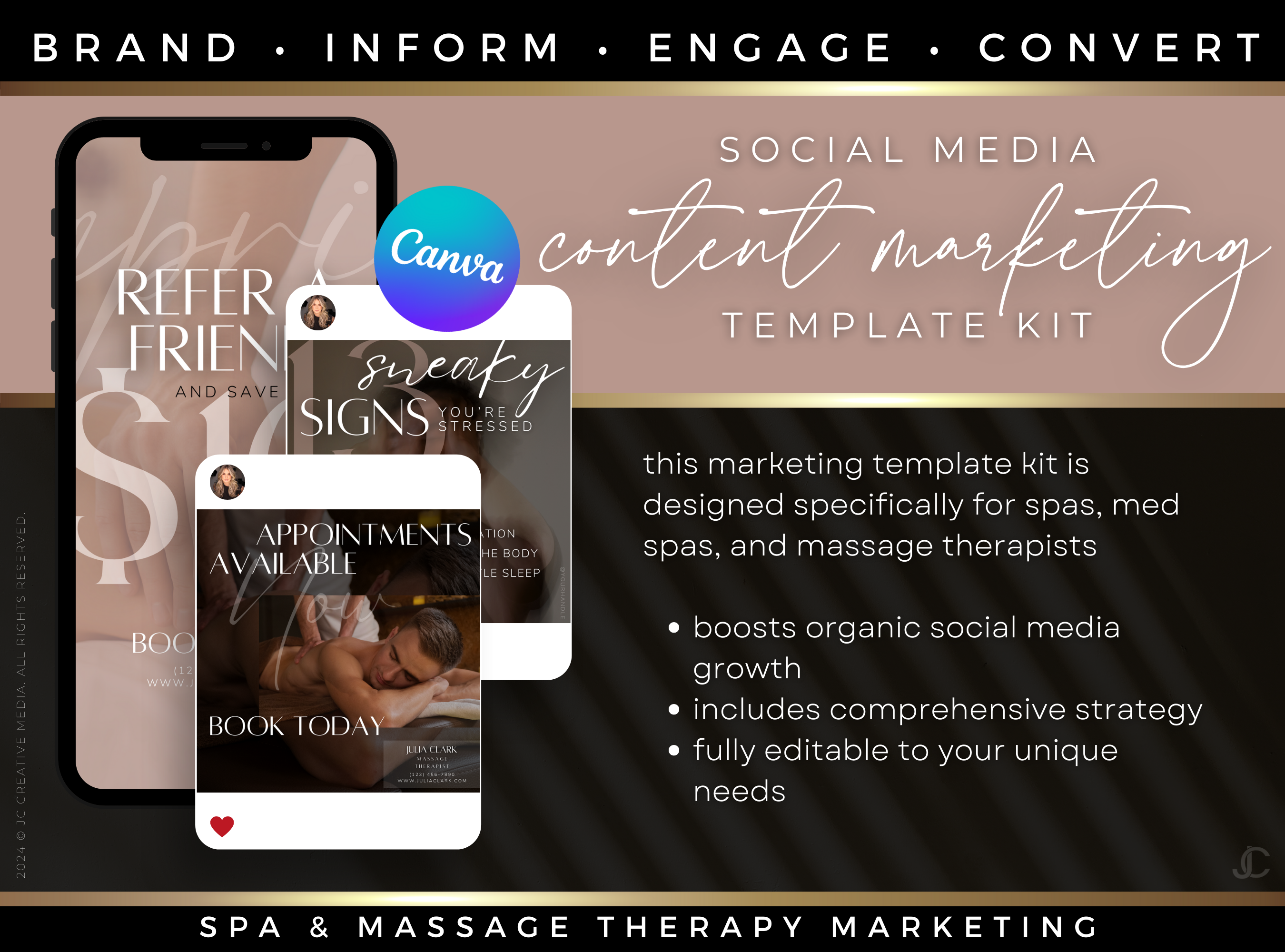 260 Massage Therapy Social Media Canva Templates for Spa Marketing | Aesthete Collection™ Rose Gold Edition