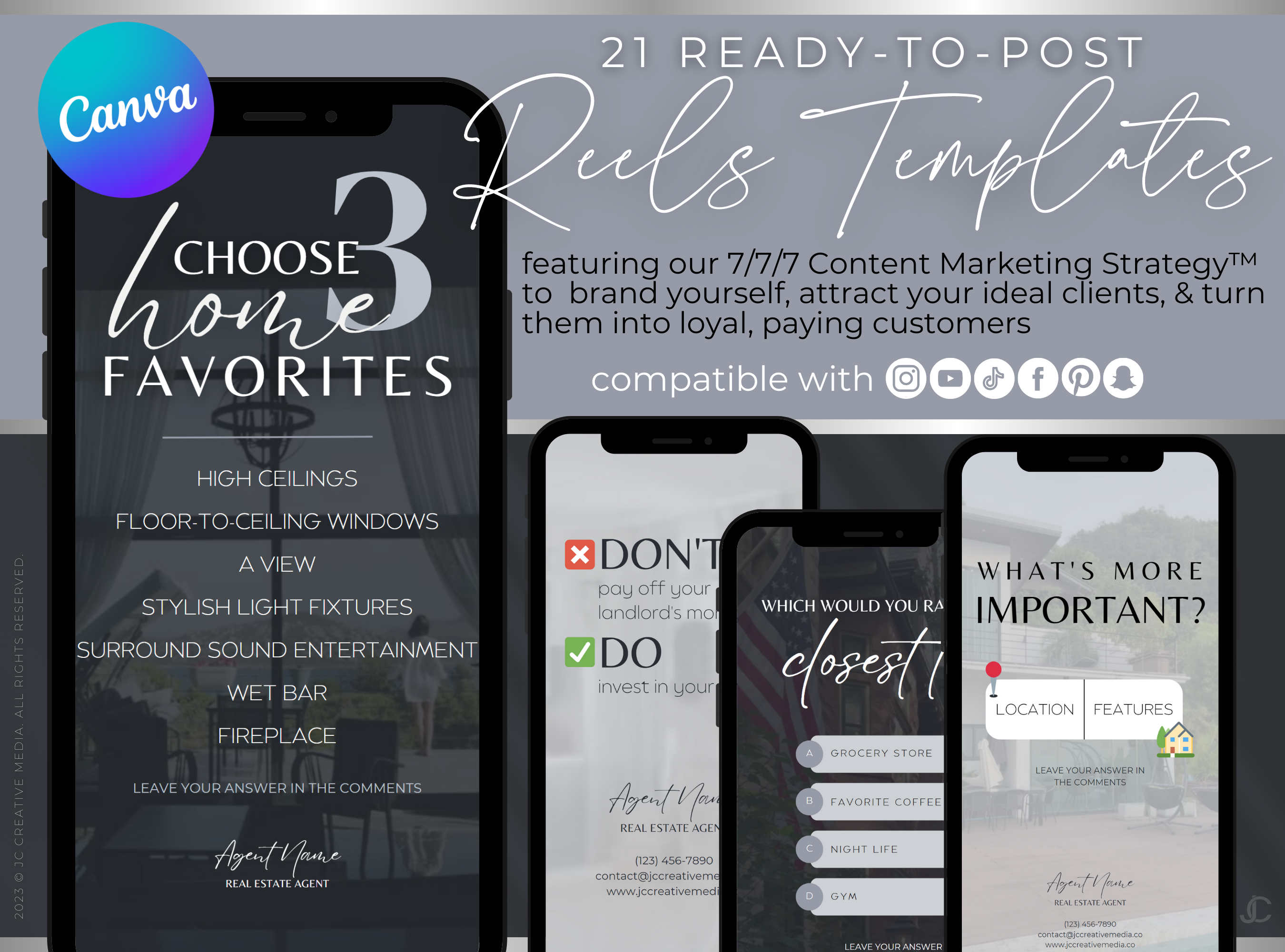 21 Real Estate Marketing Reels Posts: VOL. 1 (Canva Video Templates) | Estate Collection™ Midnight Edition