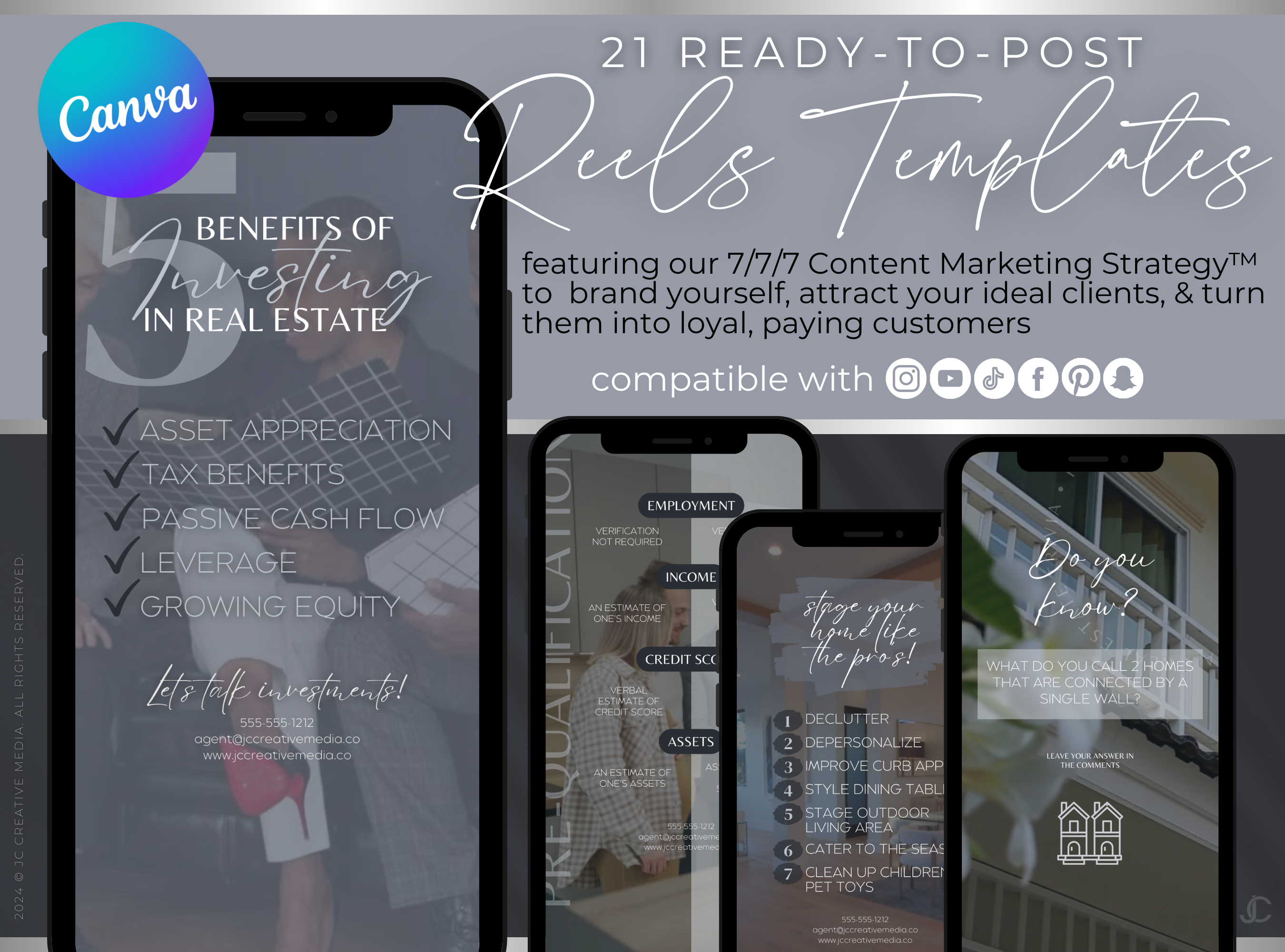 21 Real Estate Marketing Reels Posts: VOL. 3 (Canva Video Templates) | Estate Collection™ Midnight Edition