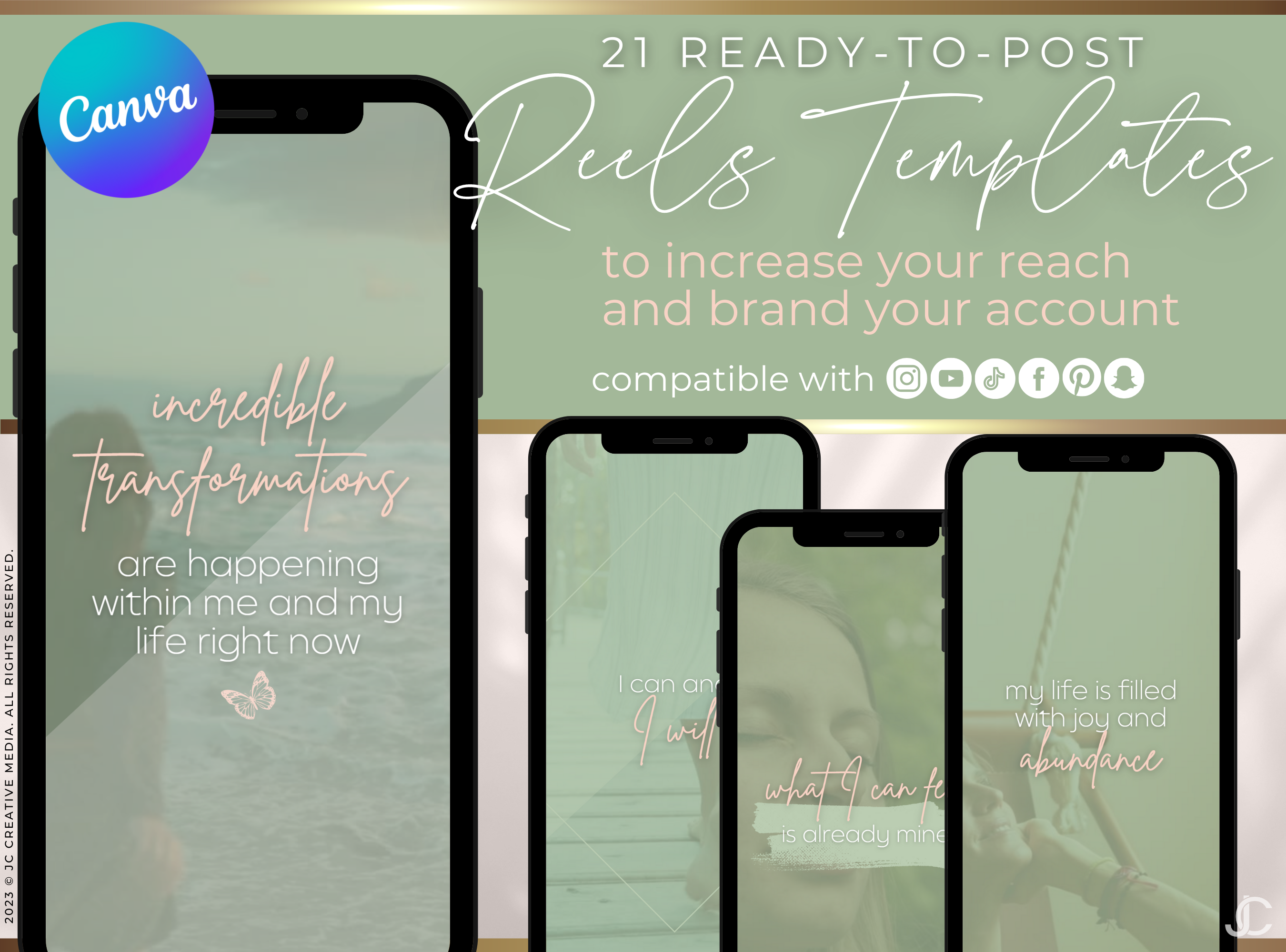 20 Self Care & Happiness Affirmation Reels Video Templates (Ready-to-Post) | Halcyon Collection™ Jade Edition